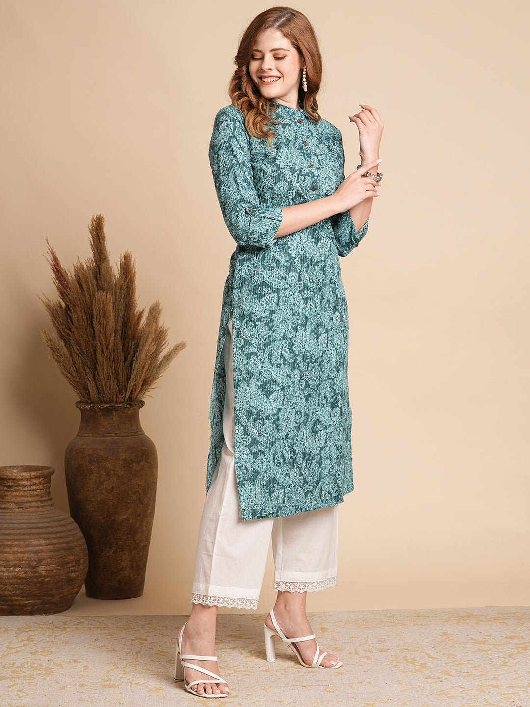 FASHOR Ethnic Floral Printed Straight Fit Kurta - Sea Green - view 4