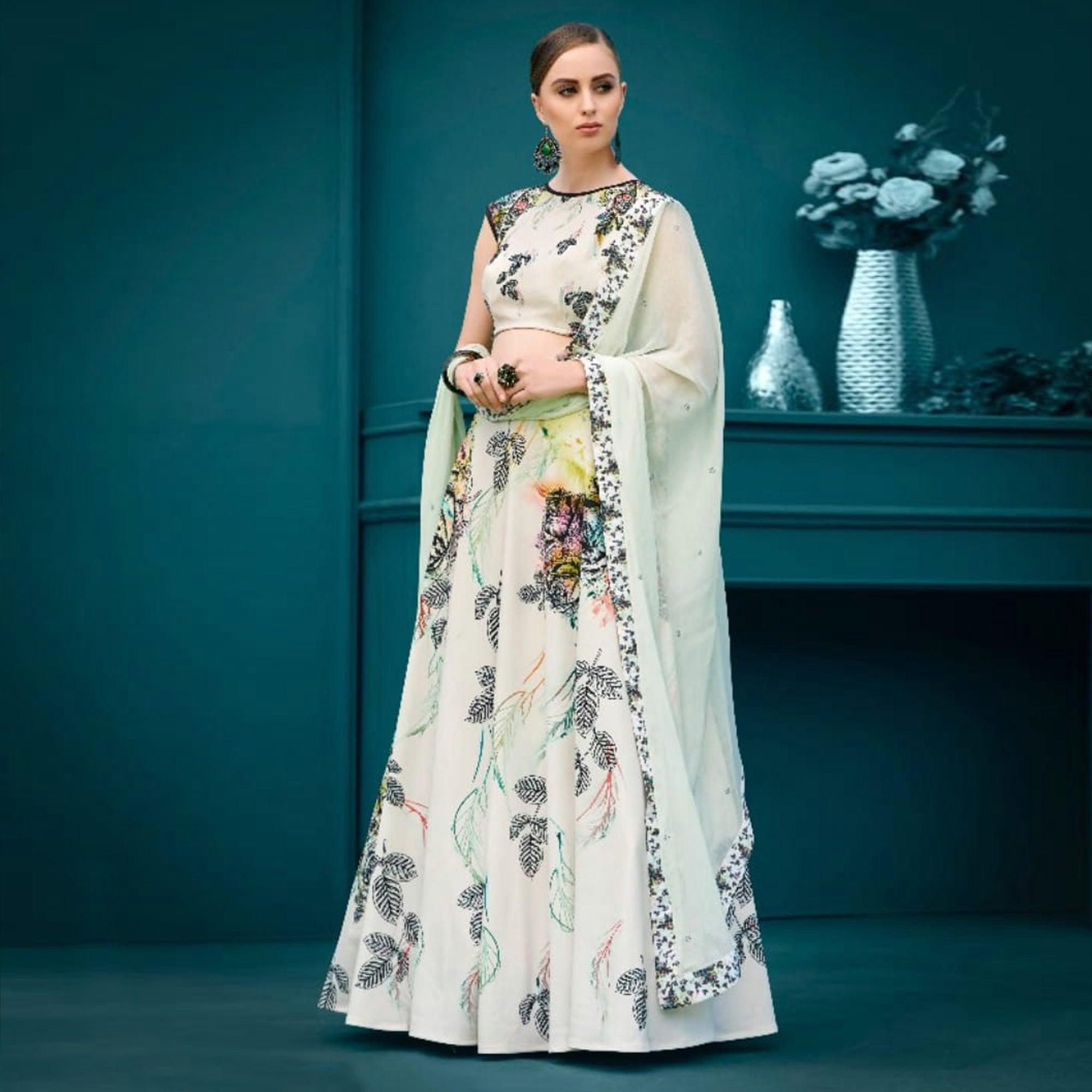Peachmode Charming Off-White Colored Designer Partywear Digital Printed Silk Lehenga Choli