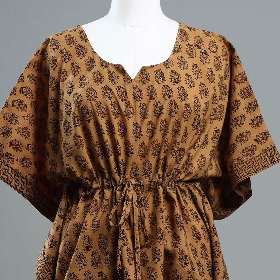 ITOKRI CASUALS Brown - Bagh Block Printed Cotton Kaftan with Tie-Up Waist (Short) - view 3