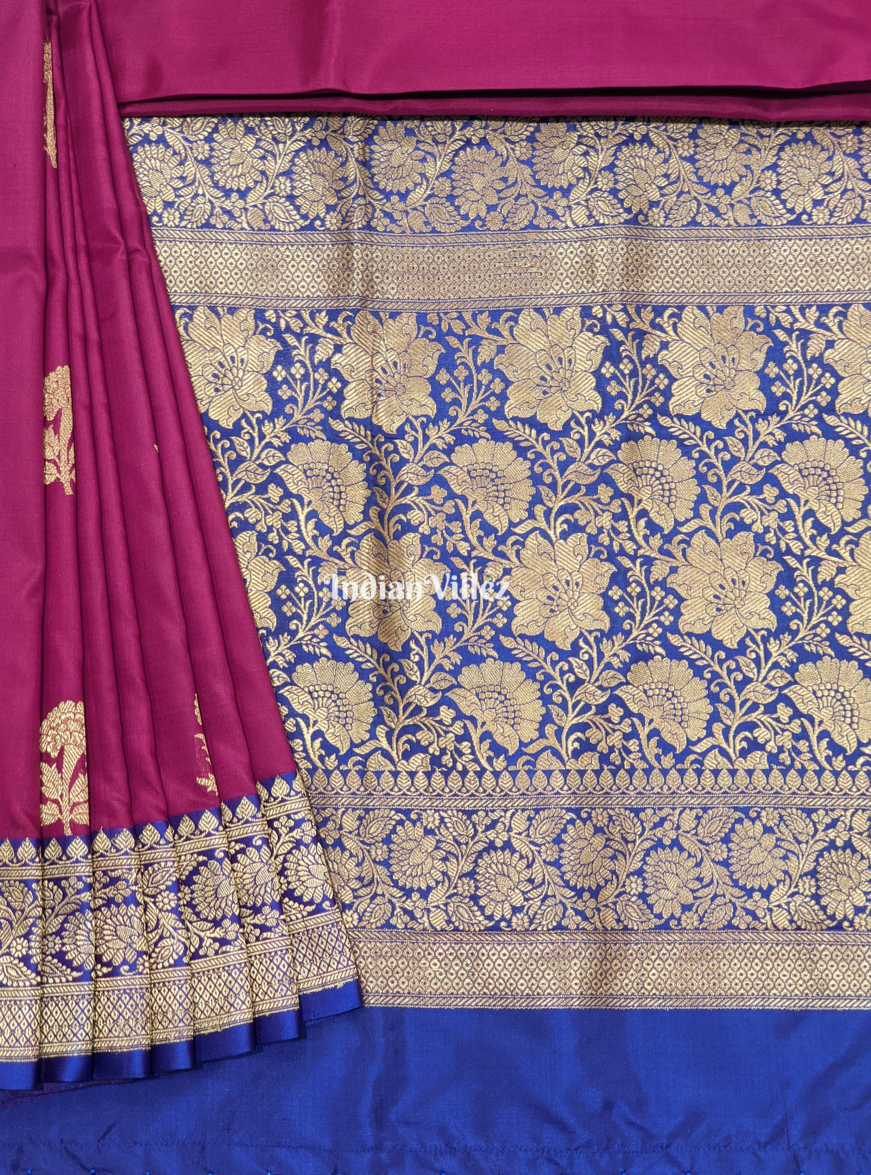 IndianVillèz Purple Flower Motif Banarasi Katan Silk Saree