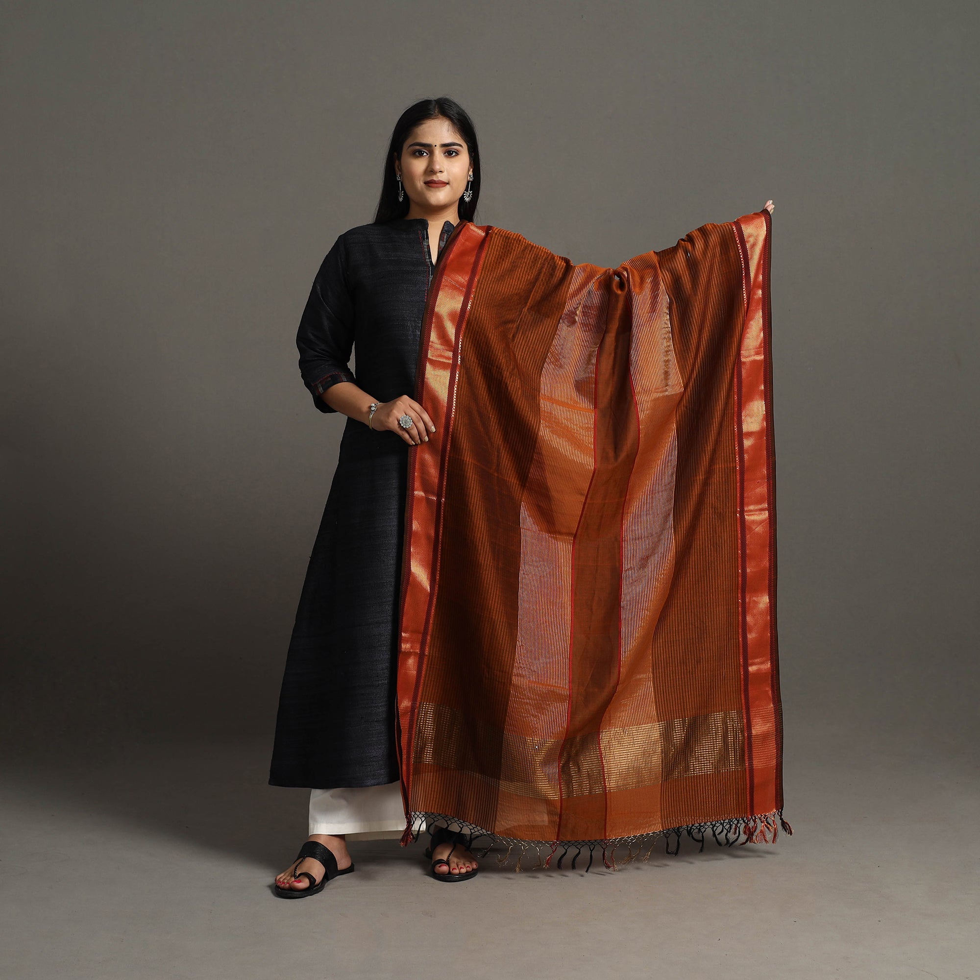 ITOKRI CRAFTS INITIATIVE Brown - Handloom Silk Cotton Zari Work Maheshwari Dupatta 43 - view 2