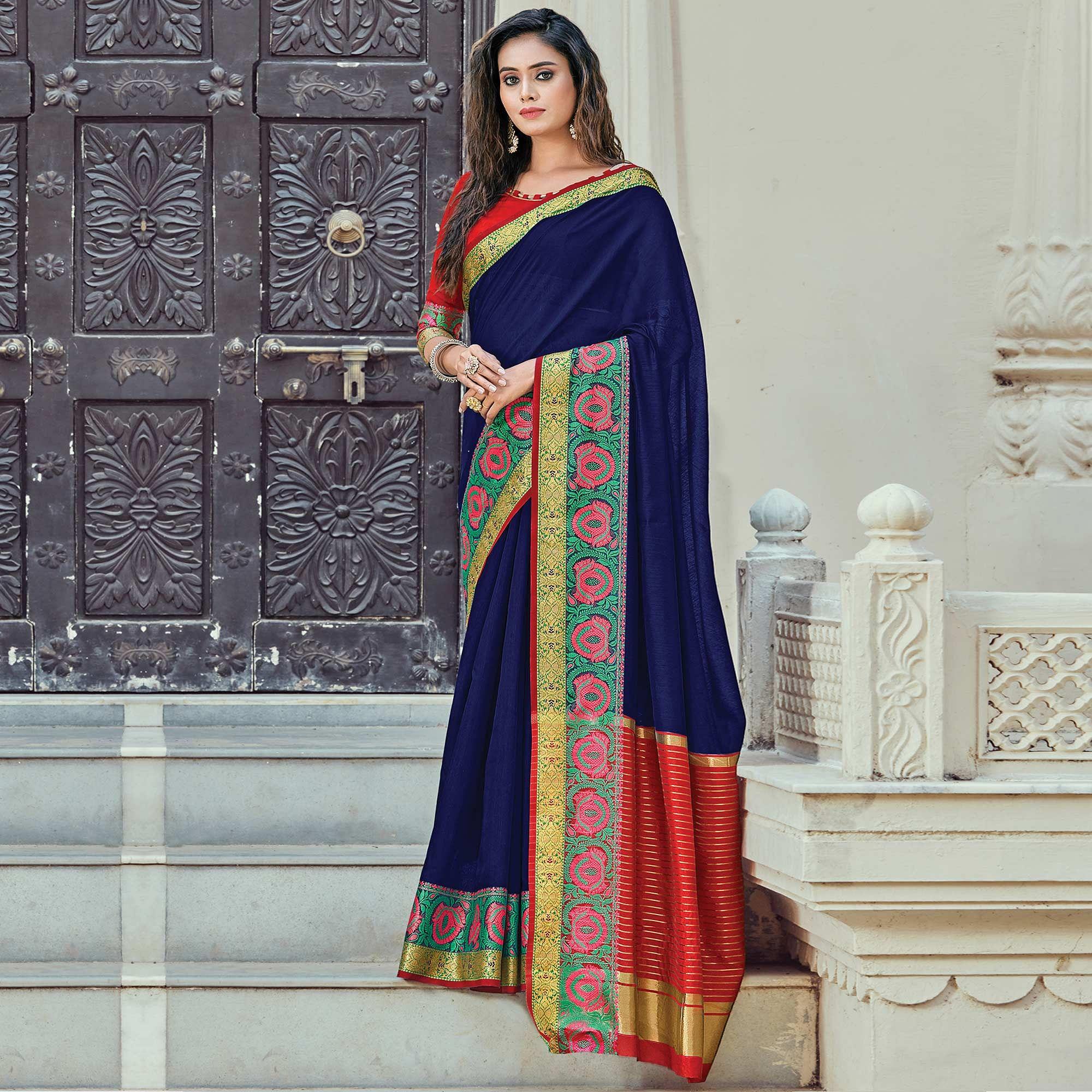 Peachmode Glowing Blue Coloured Casual Wear Woven Cotton Handloom Saree
