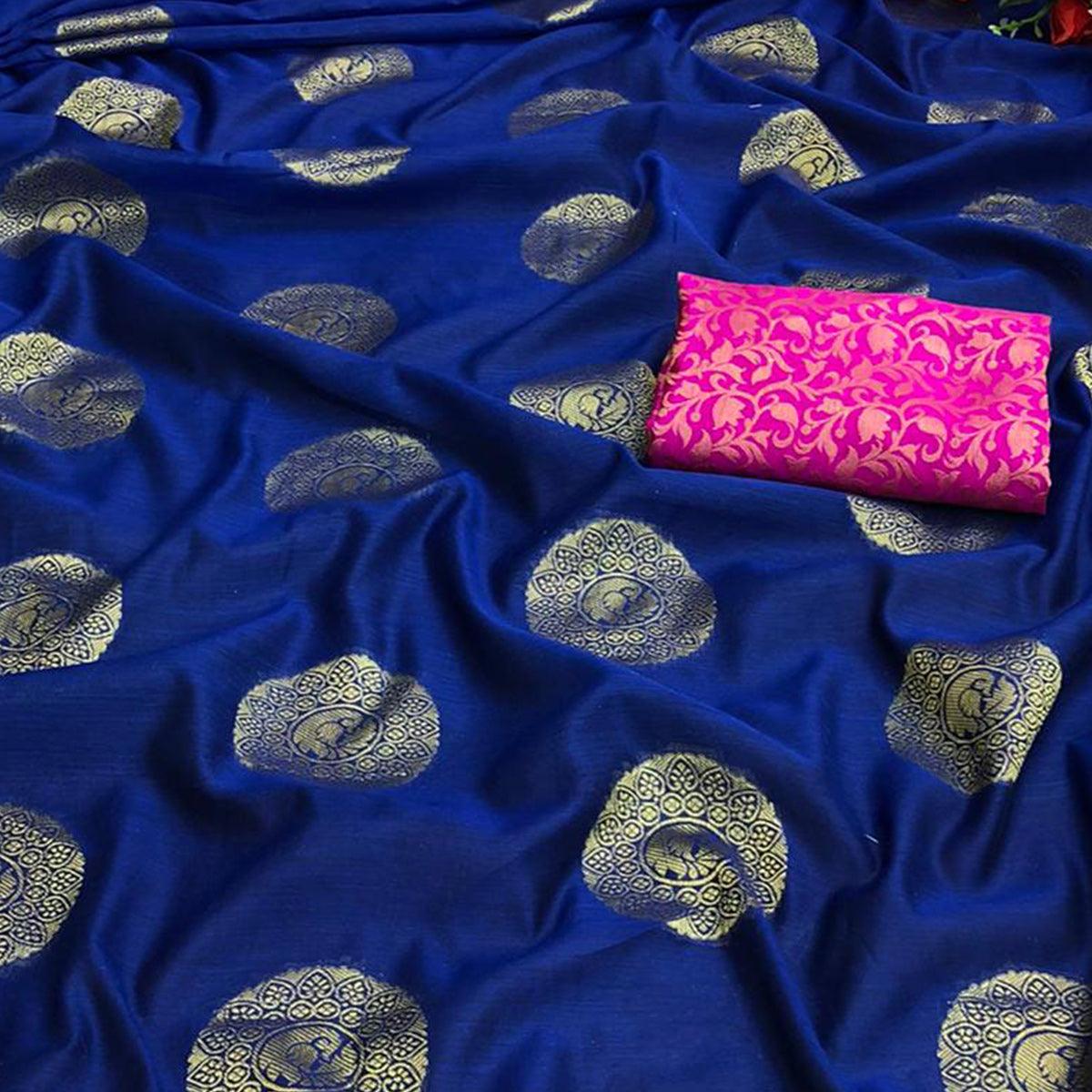 Peachmode Jazzy Navy Blue Colored Festive Wear Woven Cotton Saree - view 2