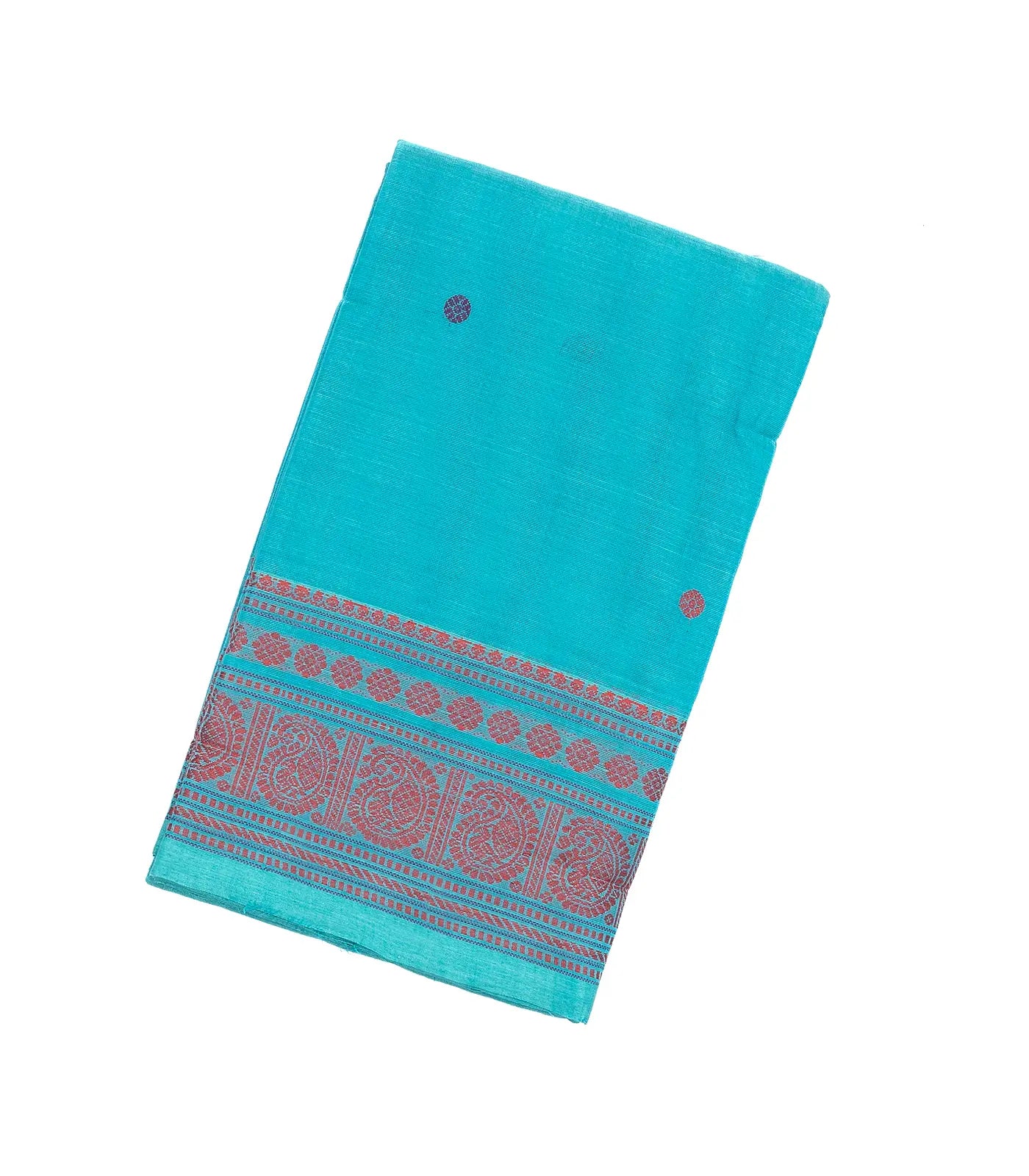 RmKV Sky Blue Handloom Kanchi Cotton Saree With Coin Buttas And Annam Motifs