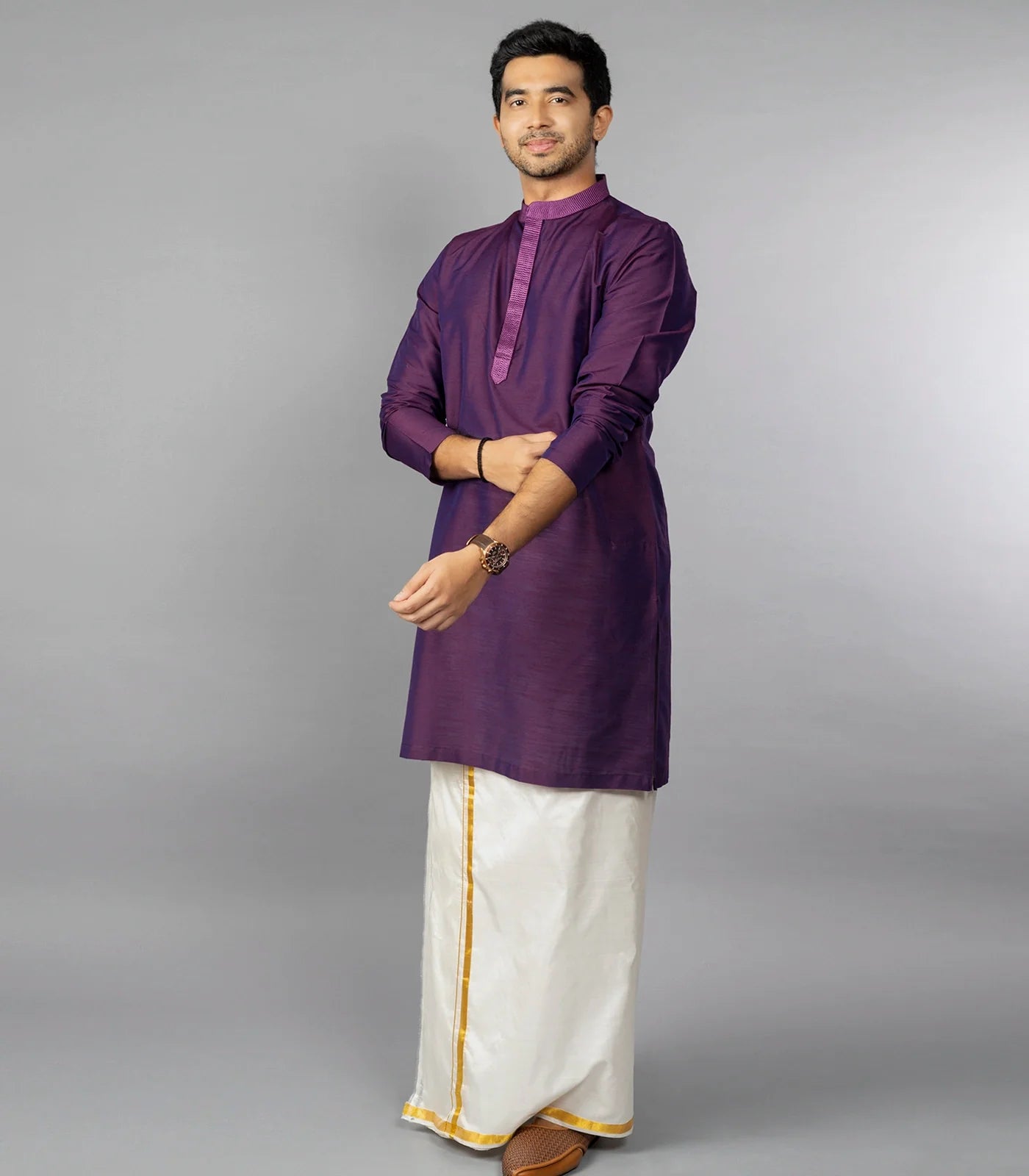 RmKV Royal Violet Kurta With Embroidered Placket-Violet - view 2