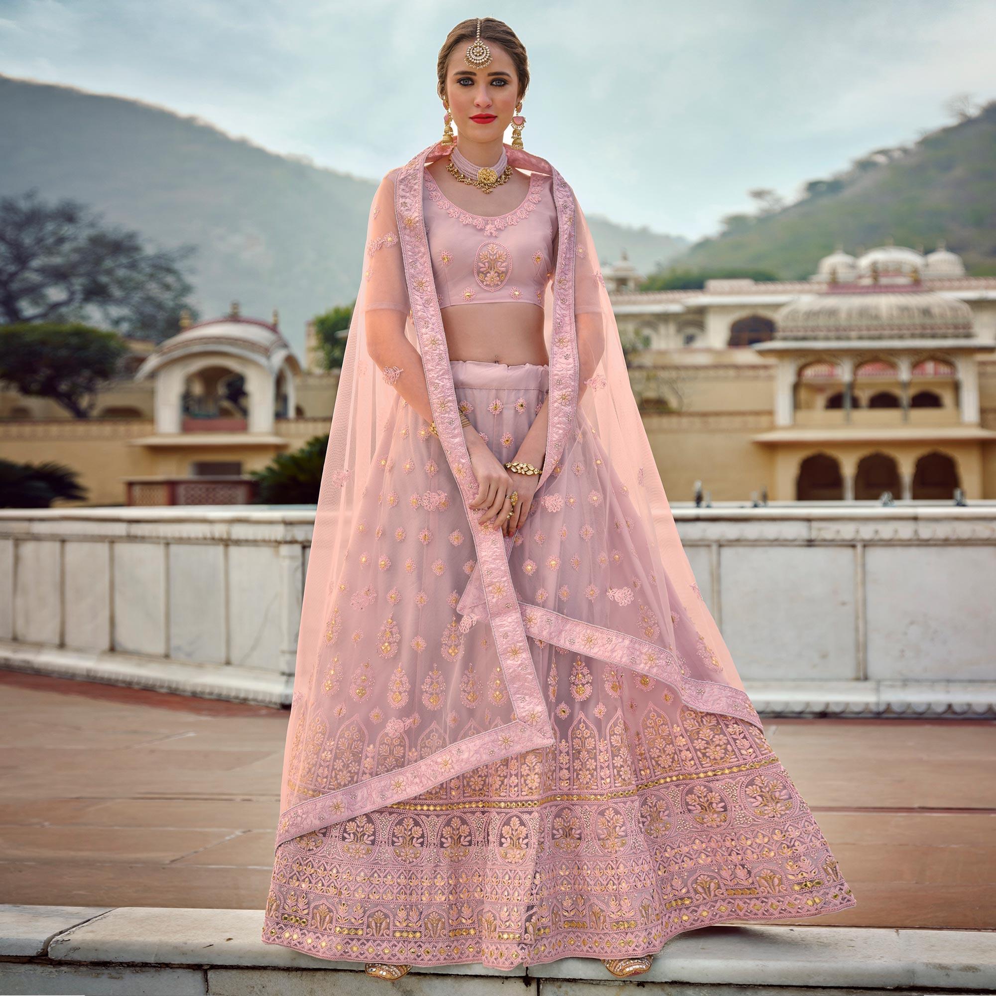 Peachmode Light Lavender Partywear Embellished & Embroidered Net Lehenga Choli