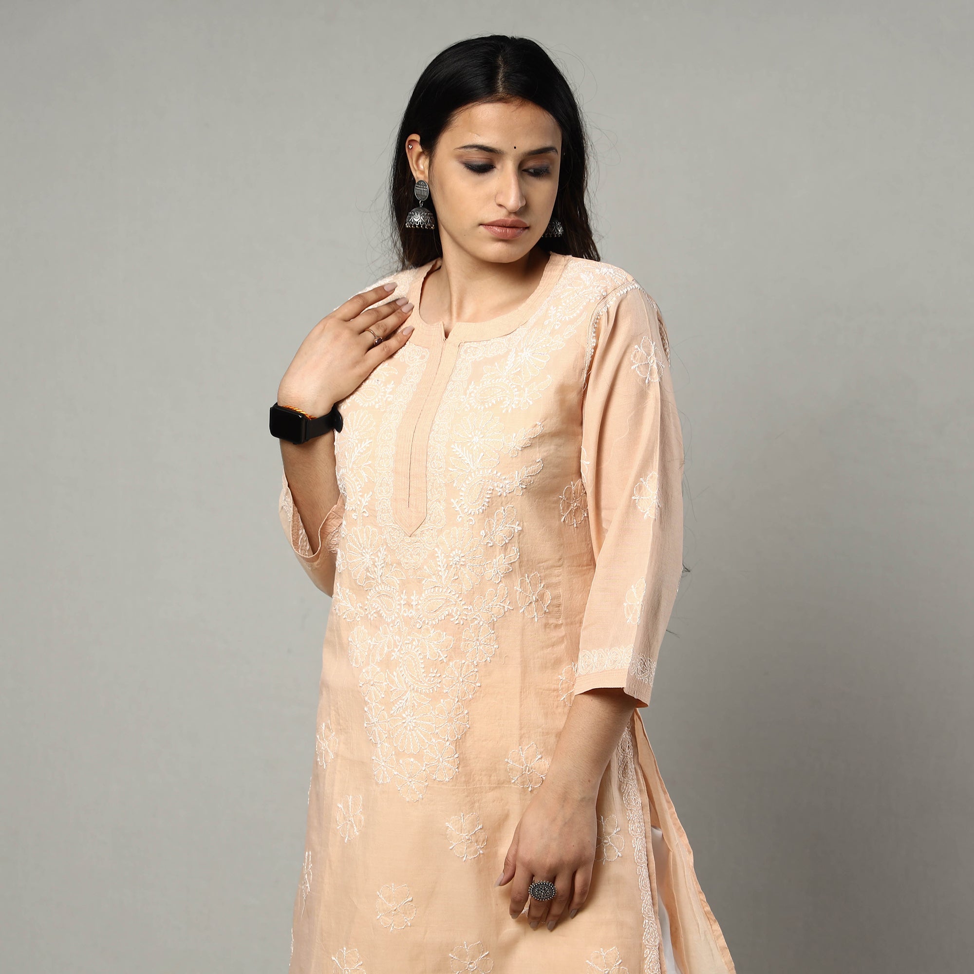 MEHARKI CHIKAN Beige Chikankari Hand Embroidered Silk Cotton Kurta with Inner & Pant Set - view 2