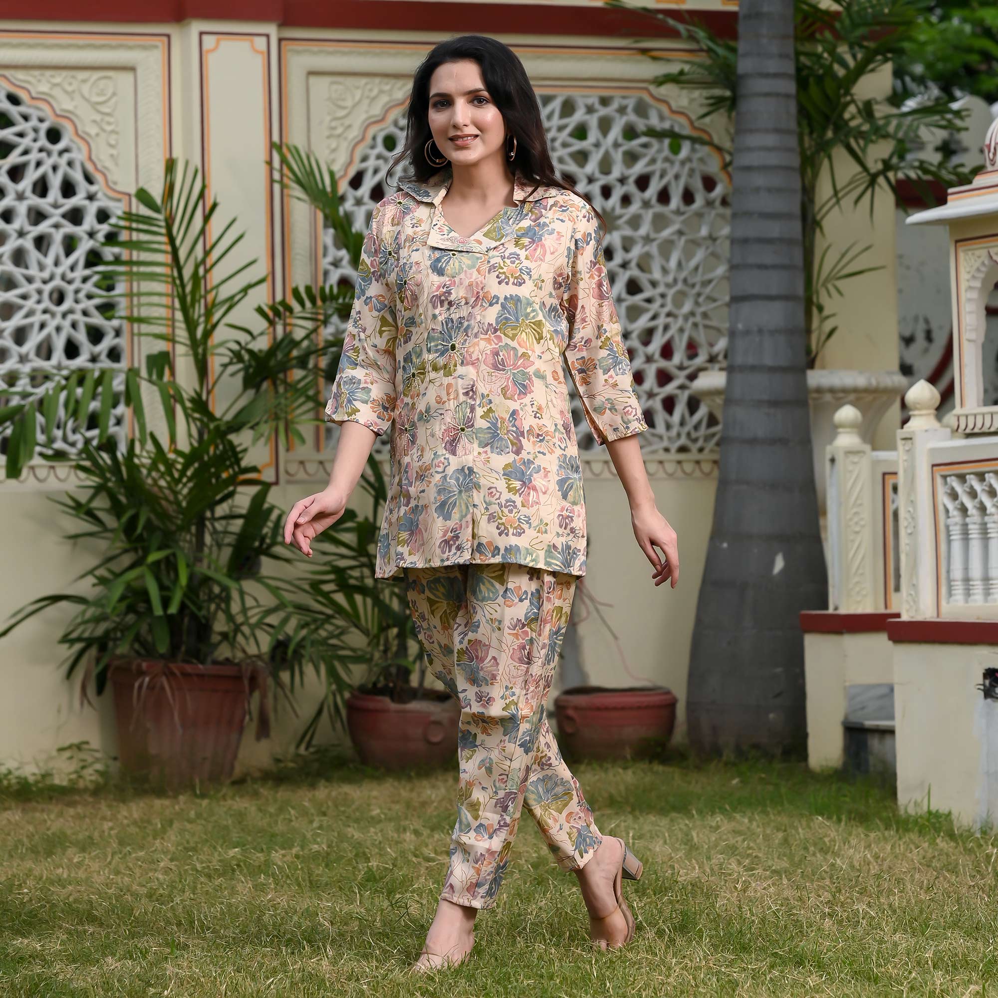 Peachmode Cream Floral Printed Muslin Co Ord Set - view 5