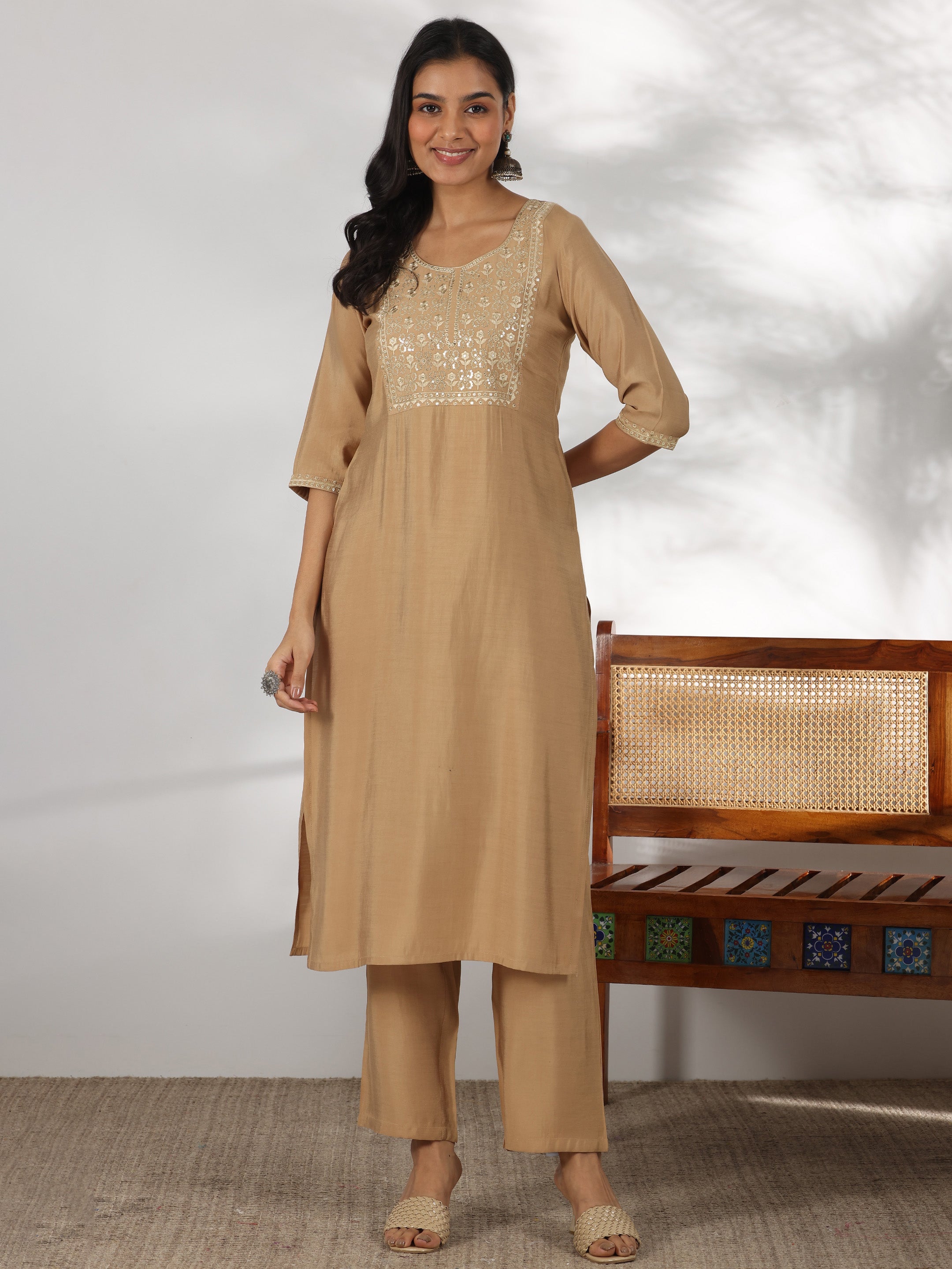 Gerua By Libas Beige Yoke Design Silk Blend Straight Suit With Dupatta - view 2