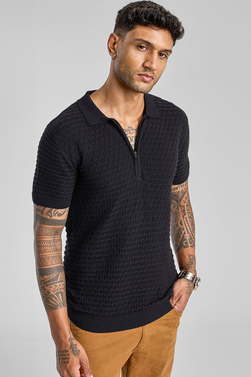 SNITCH Black Zipper Knitted Polo T-Shirt