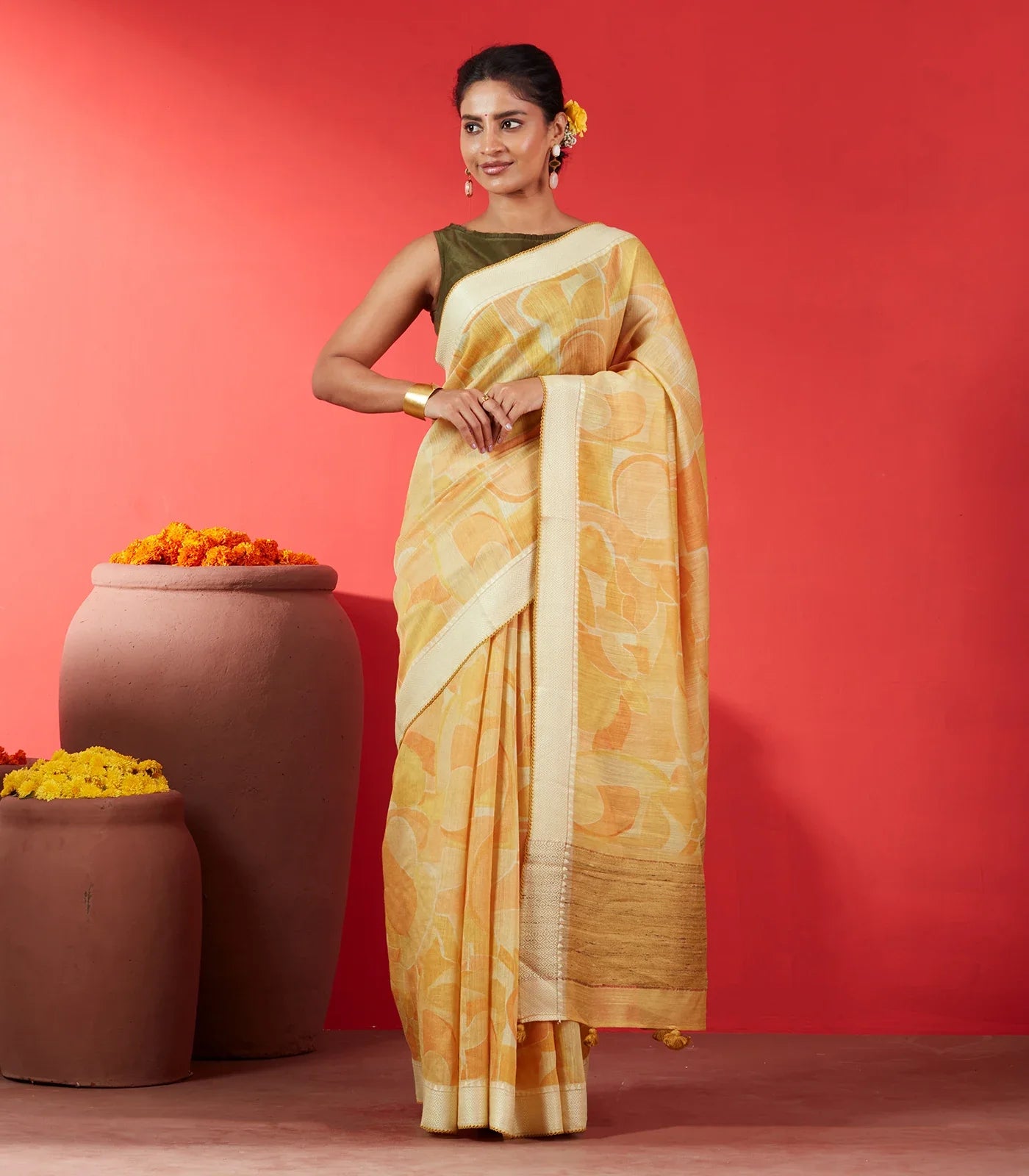 RmKV Yellow Handloom Tussar Silk Saree Printed With Geometric Motifs