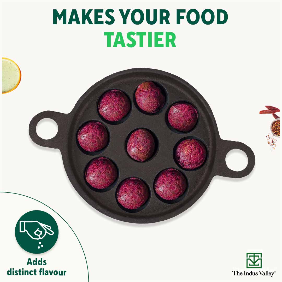 The Indus Valley Super Smooth 9 Pit/Cup Cast Iron Paniyaram/Appe Pan+ Free Spatula, Pre-seasoned, Natural Nonstick, 100% Pure, Toxin-free, 21 cm, 2.8k - view 9