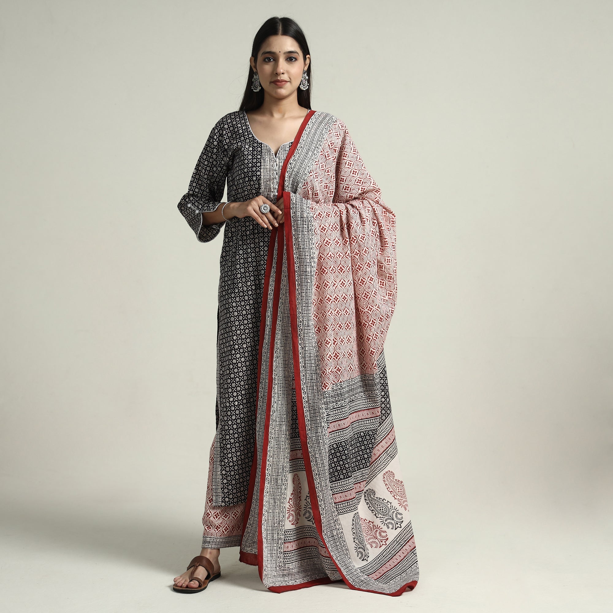 ITOKRI CASUALS Black - Bagh Block Printed Cotton Kurta with Palazzo & Dupatta Set 09 - view 2
