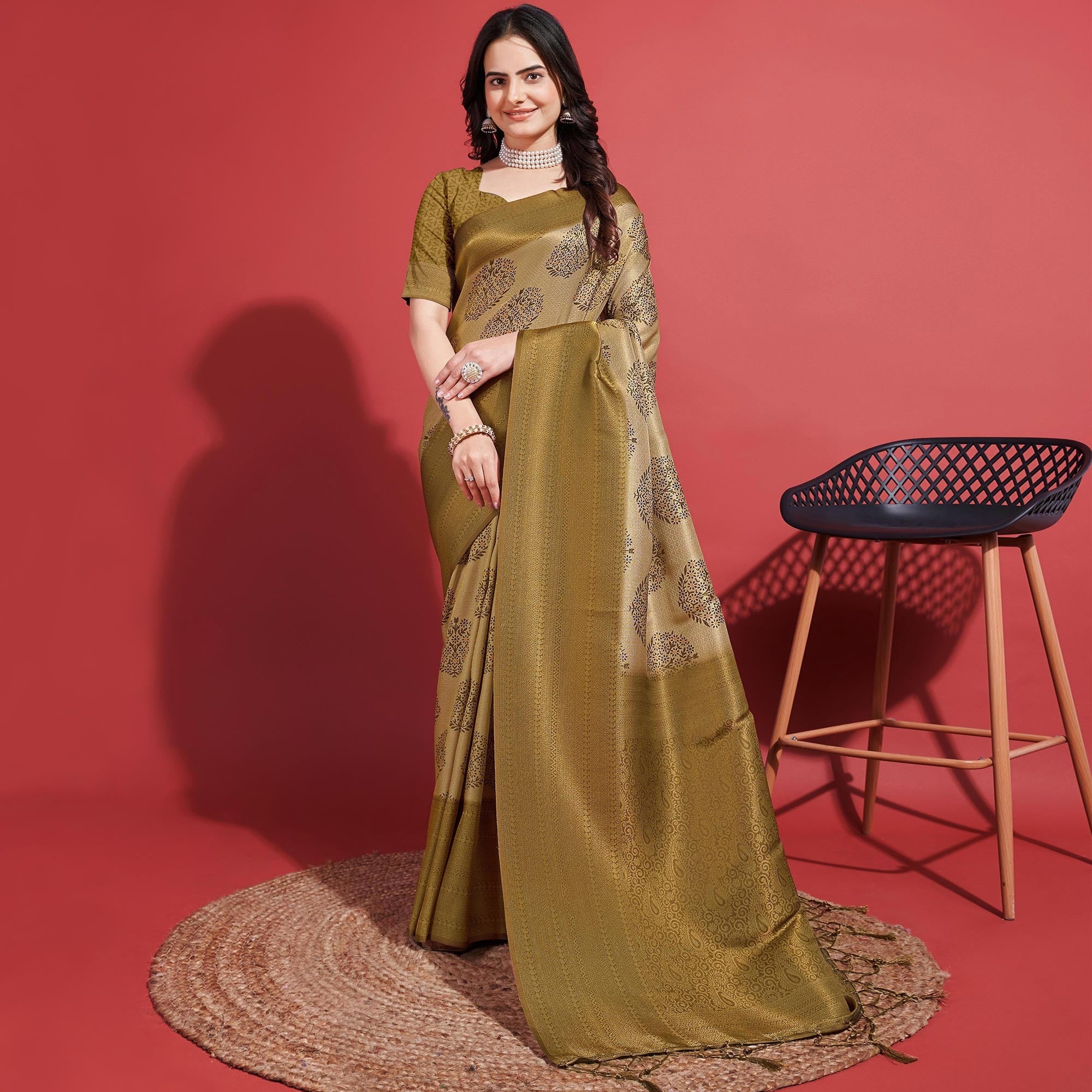 Peachmode Dark Mustard Floral Digital Printed With Woven Banarasi Silk Saree - view 2