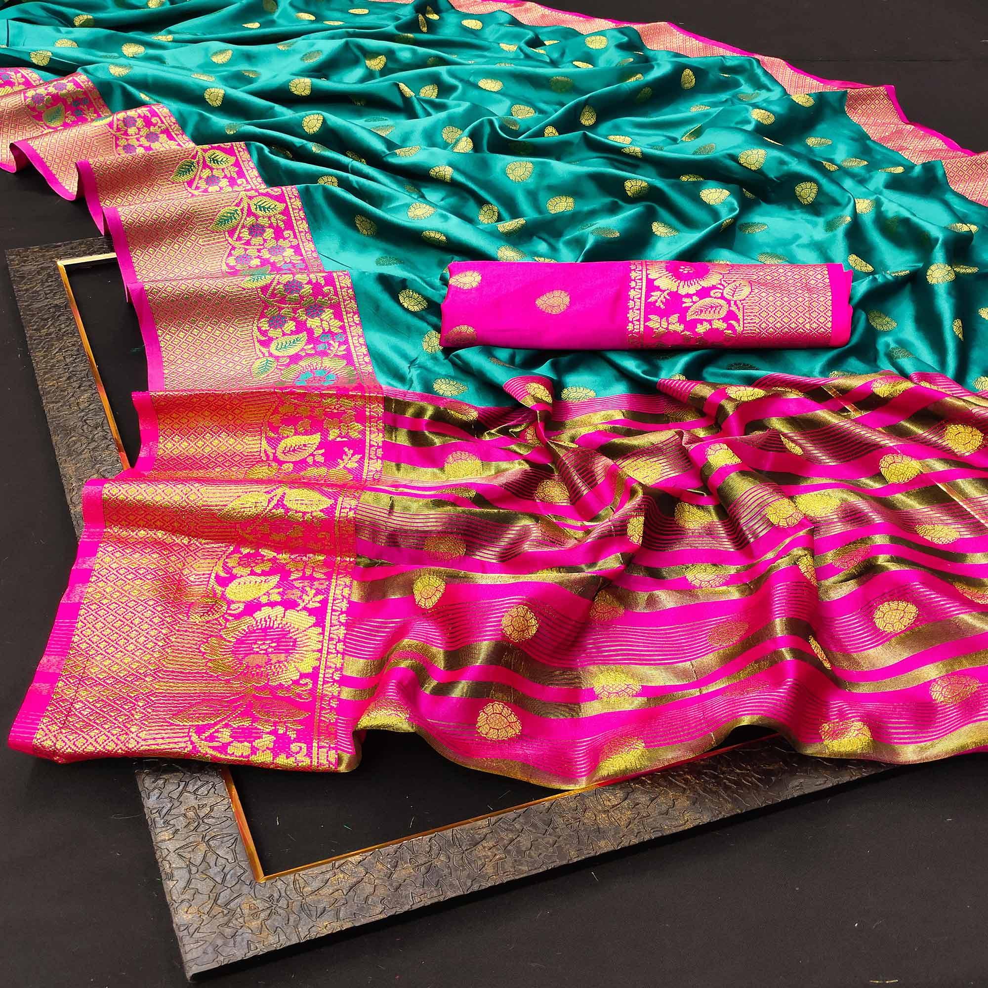 Peachmode Intricate Blue Colored Festive Wear Woven Kanjivaram Silk Saree - view 3