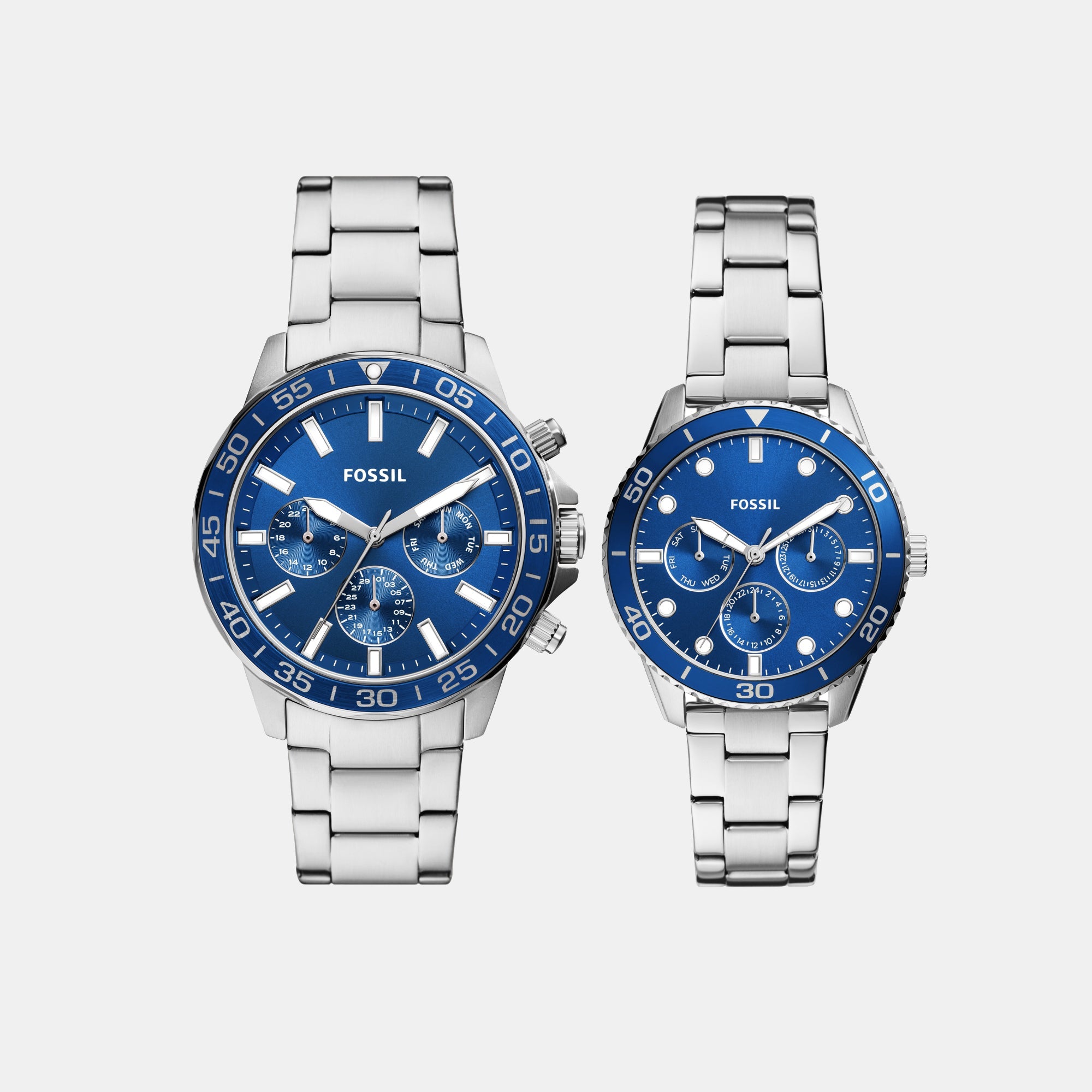 Fossil Bannon Couple Quartz Blue Dial Multi-Function Stainless Steel Watch BQ2828SET