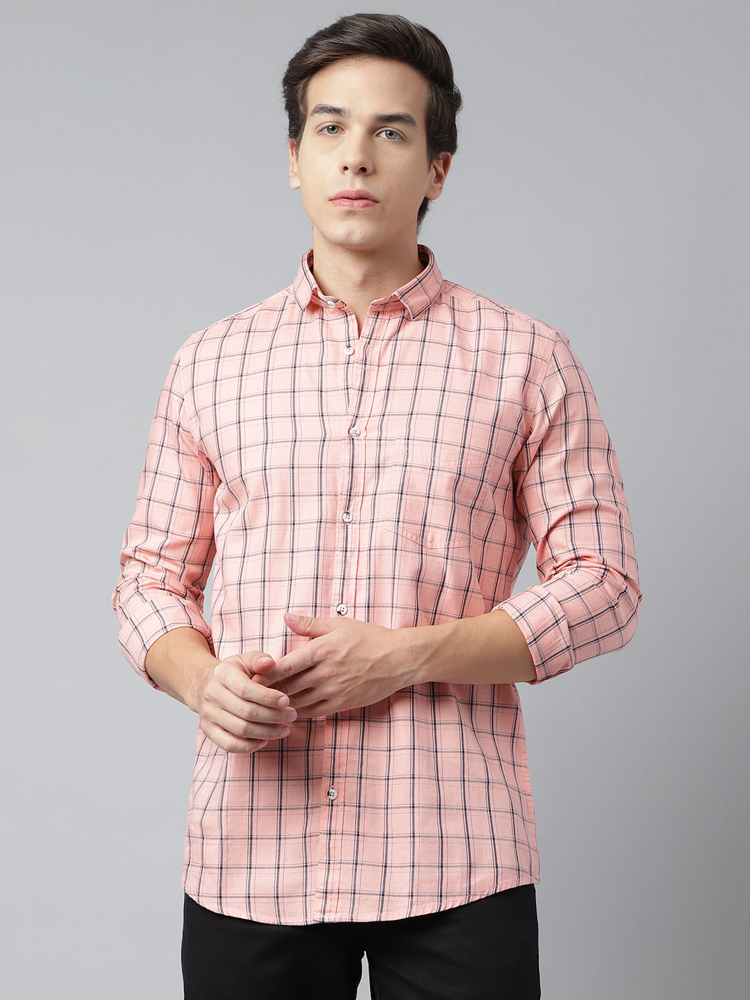 BlackTree Men Peach Standard Fit Checkered Casual Shirt