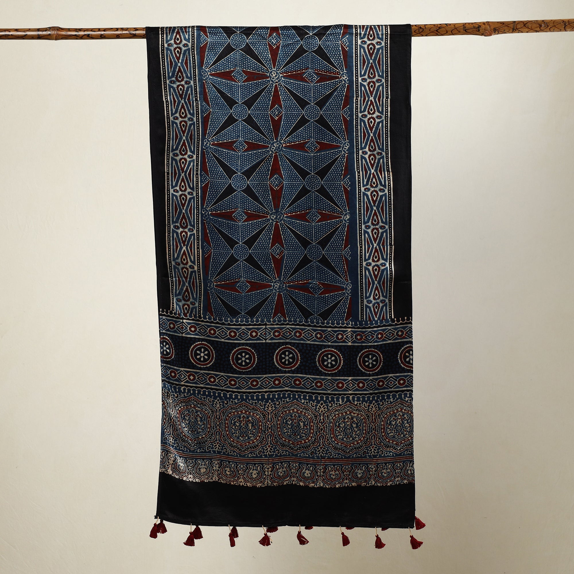 RIYAZ ABDULMAJID KHATRI - AJRAKH Black - Ajrakh Block Printed Mashru Silk Stole with Tassels - view 2