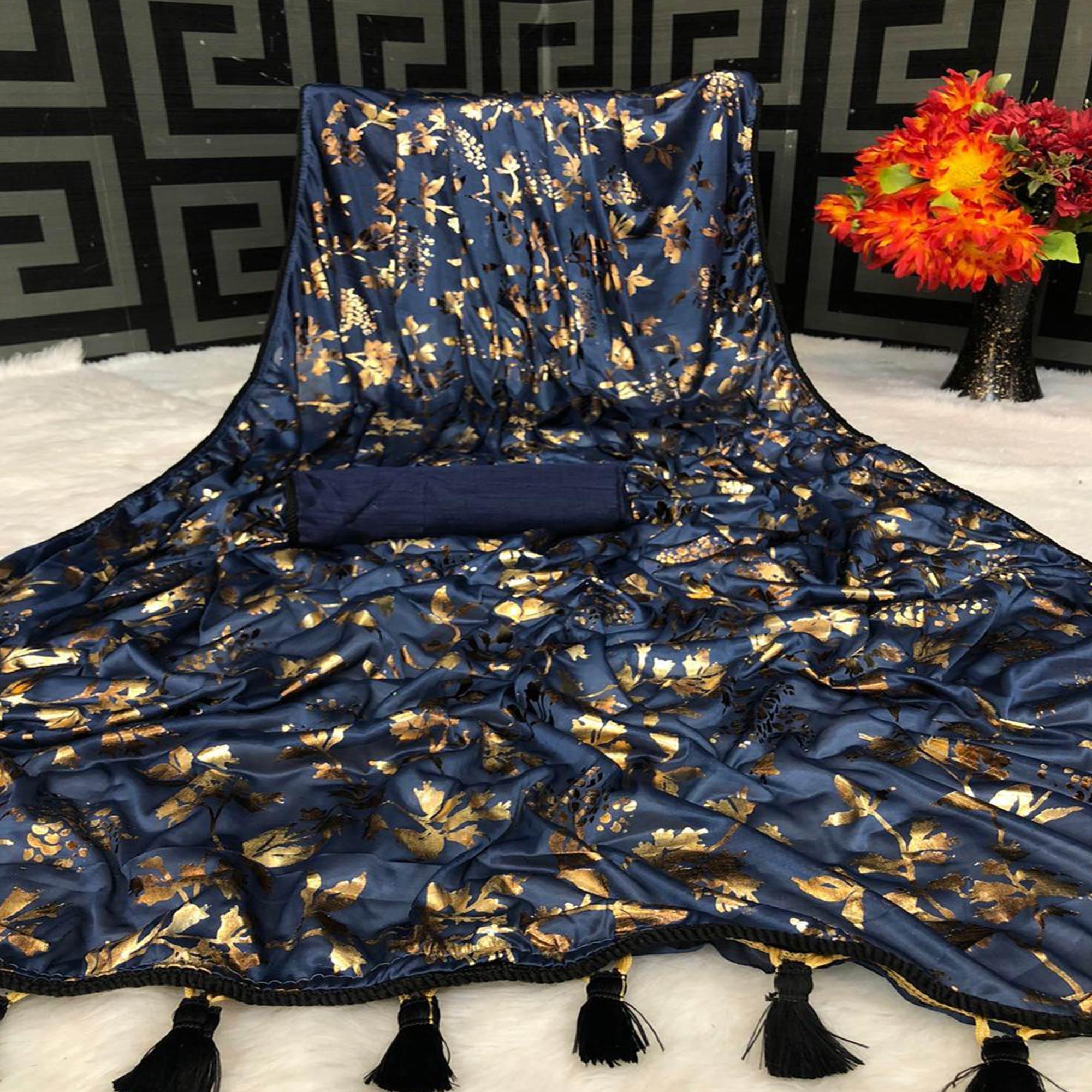 Peachmode Captivating Navy Blue Colored Partywear Foil Printed Art Silk Saree