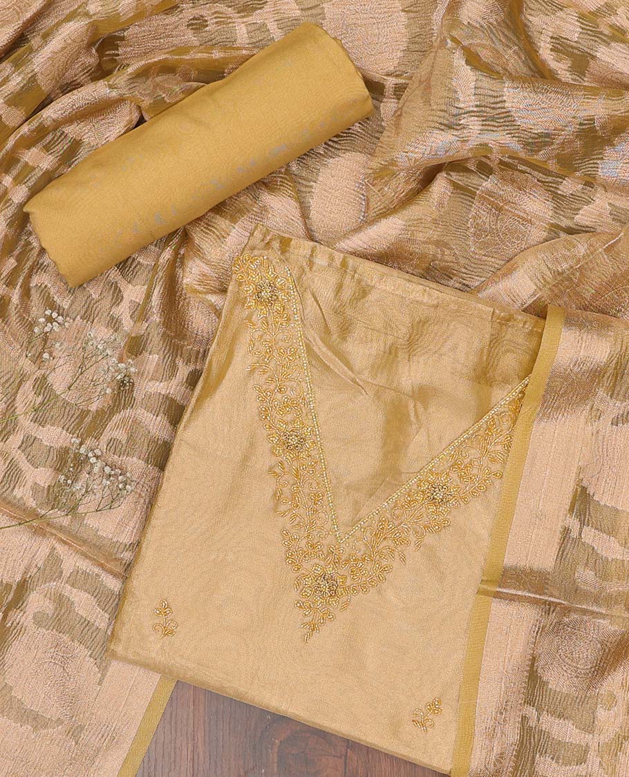 Pothys Sandal chudidhar material set, embroidered v-neck top, plain bottom & zari design dupatta