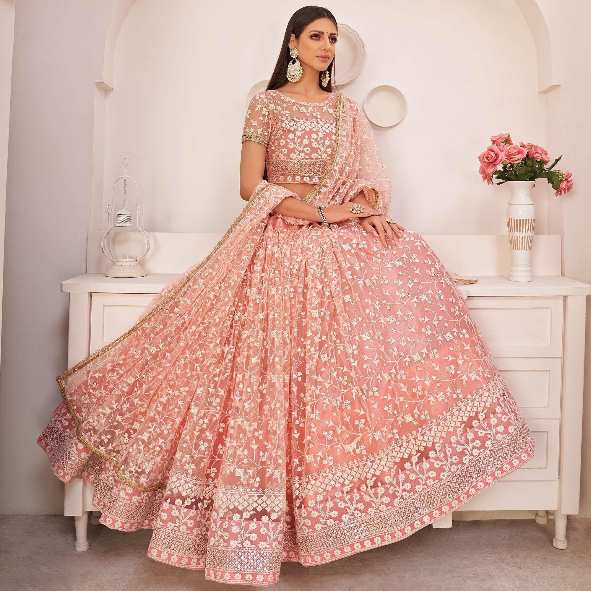 Peachmode Light Pink Festive Wear Embroidered Mono Net Lehenga Choli