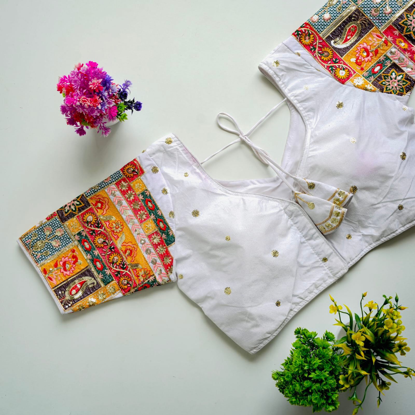 ClothsVilla White Golden Embroidered Seoul Silk Blouse with Sequins - view 2