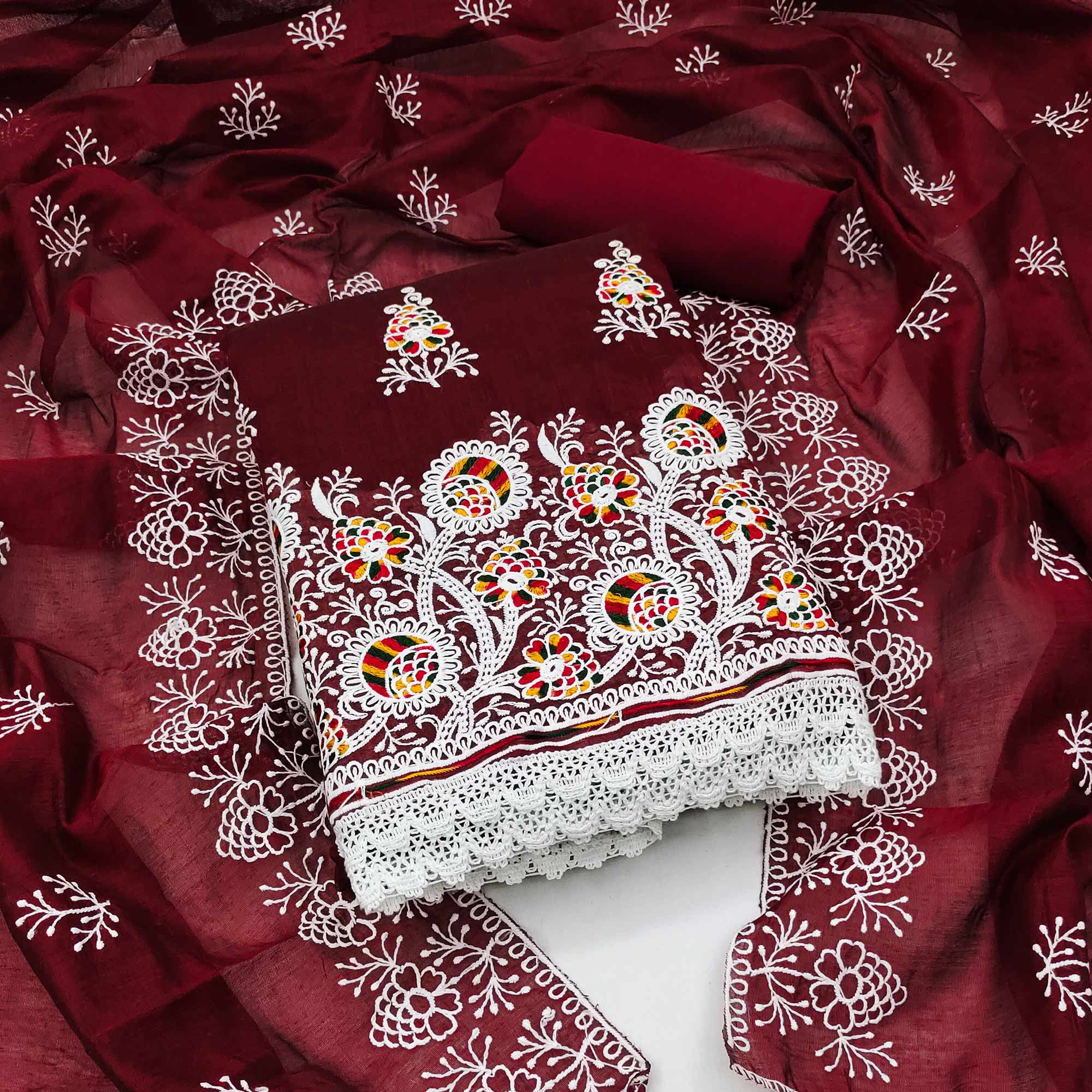 Peachmode Maroon Floral Embroidered Chanderi Cotton Dress Material