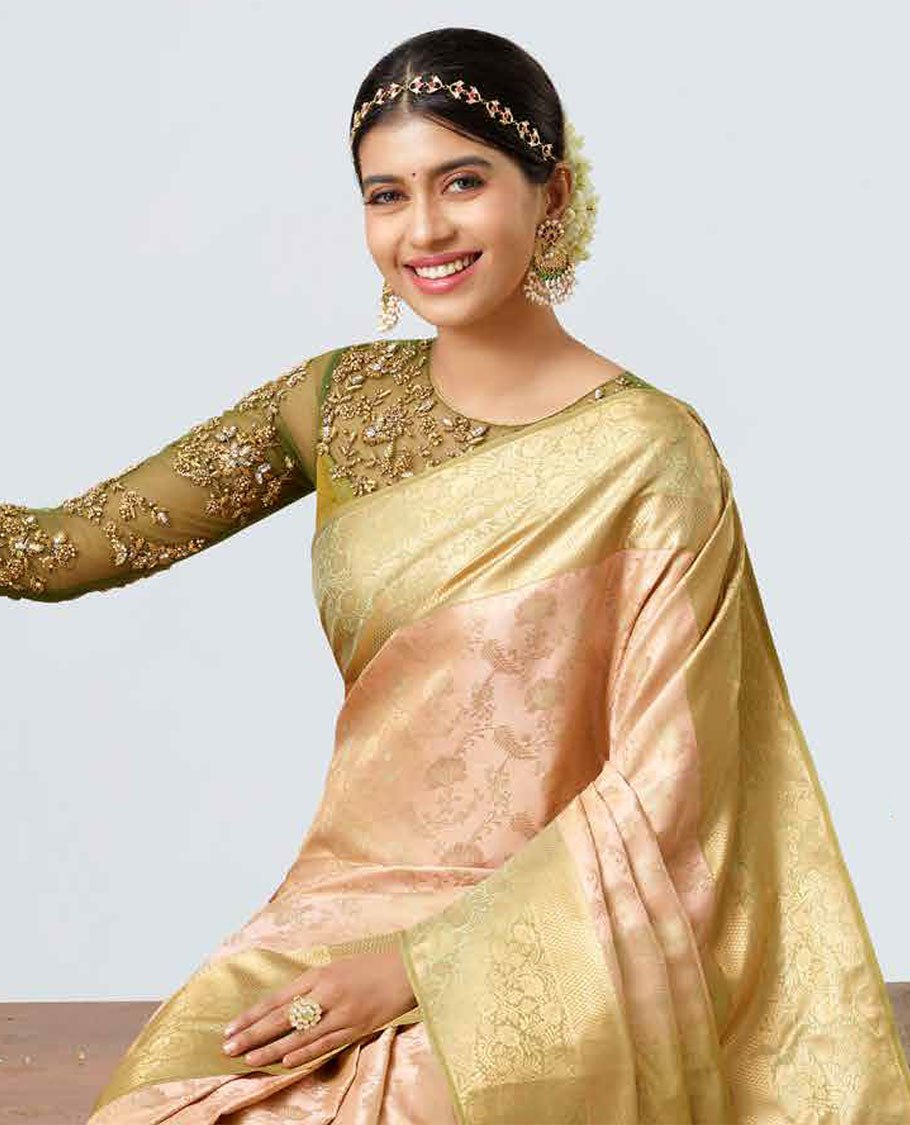 TheShoppothys Sandal jacquard kancheepuram wedding silk saree, contrast floral vine zari border & pallu of intricate designs - view 2
