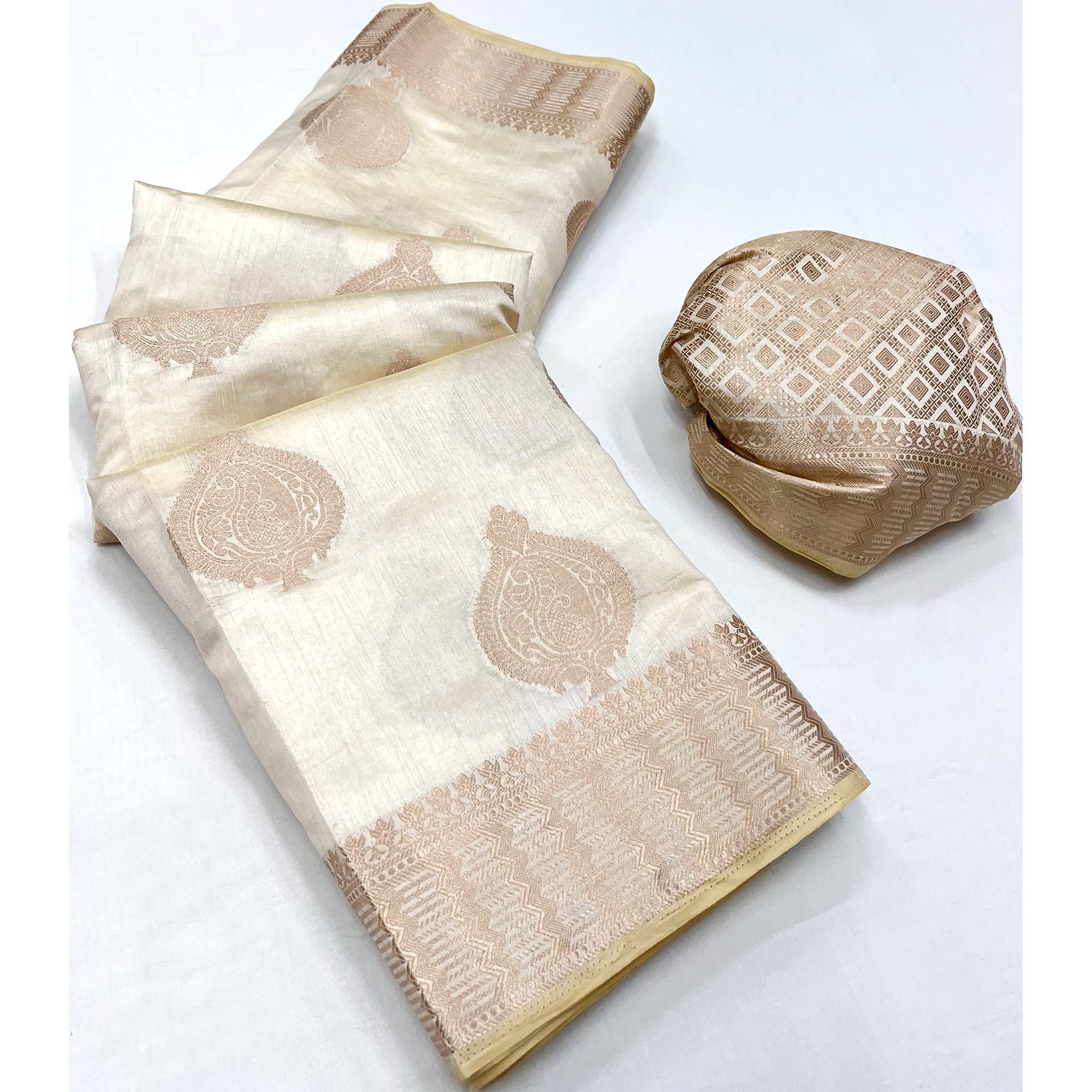 Peachmode Cream Woven Raw Silk Saree – Women's - view 3