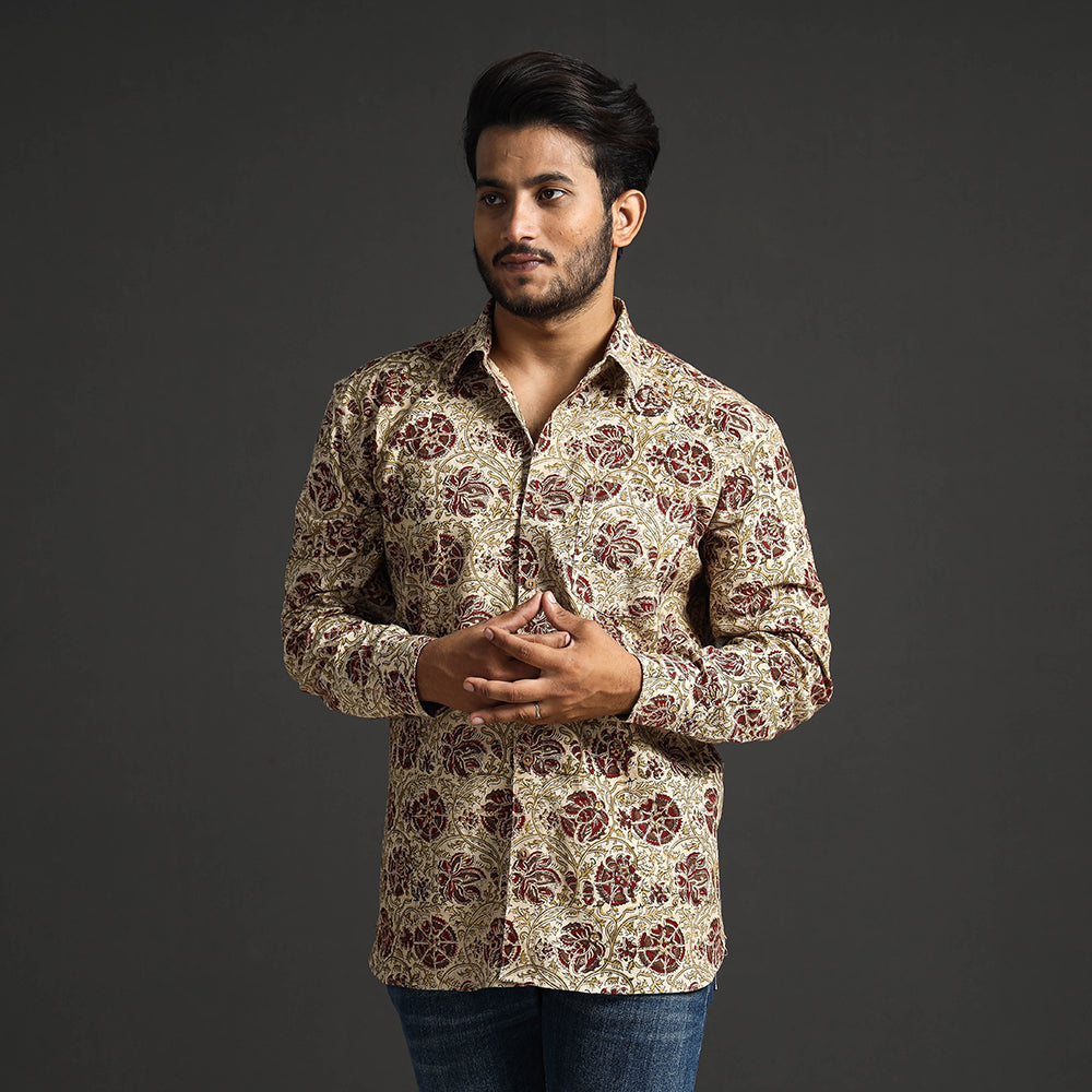 ITOKRI CASUALS Beige - Premium Pedana Kalamkari Block Printed Cotton Men Full Sleeve Shirt