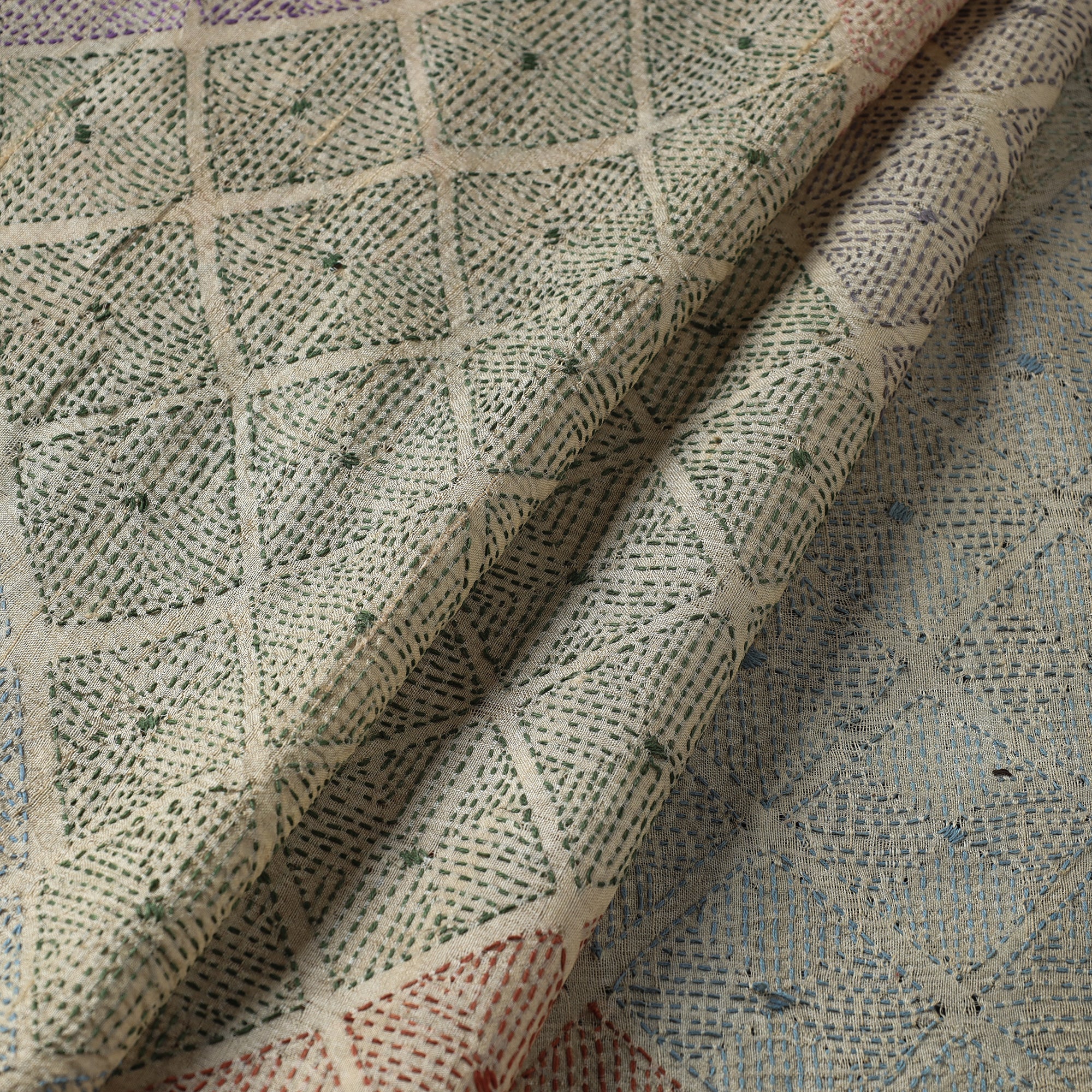 KHUSHBASH - HAPPY LOOM OF EAST Beige - Bengal Kantha Work Pure Tussar Silk Handloom Fabric - view 2