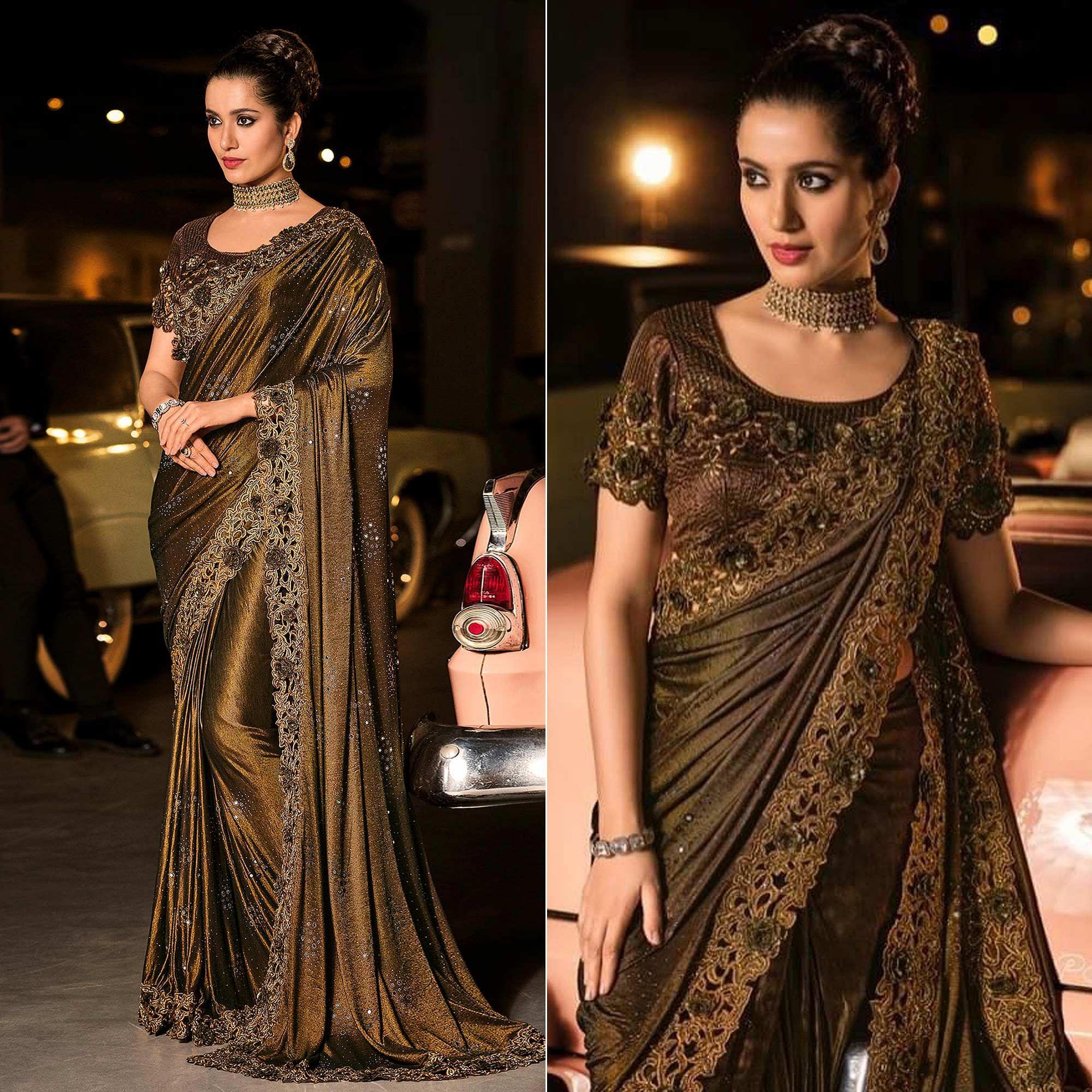 Peachmode Brown Partywear Embroidered Embellished Mirror Work Net Saree