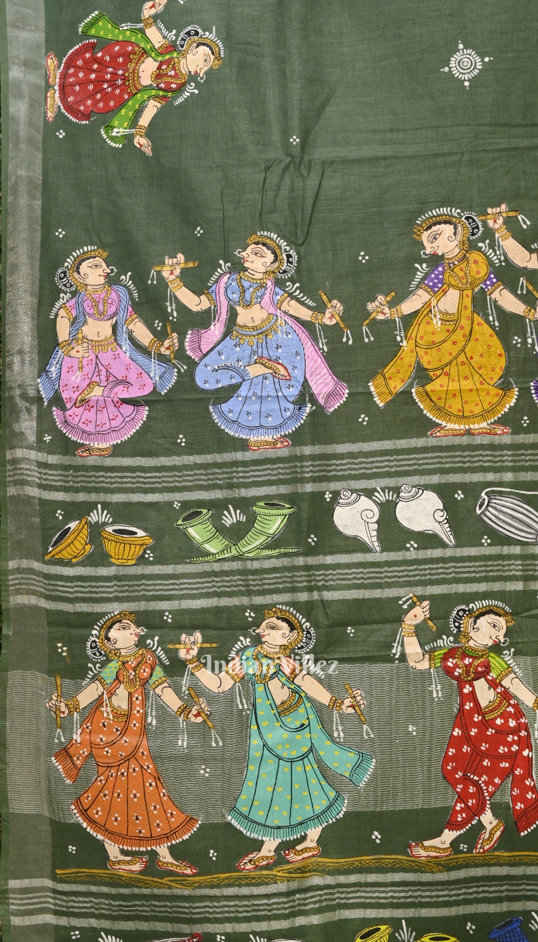 IndianVillèz Green Nartaki Theme Hand-Painted Pattachitra Saree(PRE ORDER) - view 6