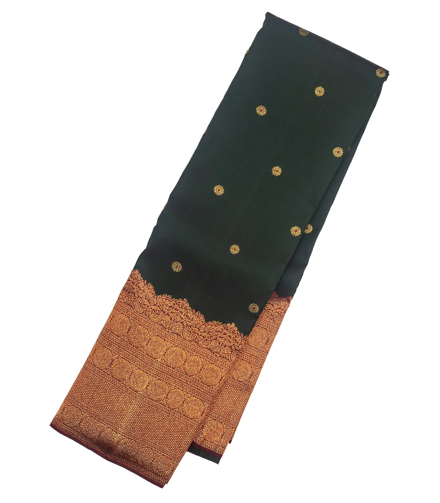 RmKV Bottle Green Handloom Kanchipuram Silk Saree With Meena Buttas