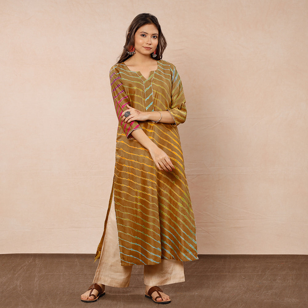ITOKRI CASUALS Brown - Leheriya Tie-Dye Chanderi Silk Long Straight Kurta - view 2