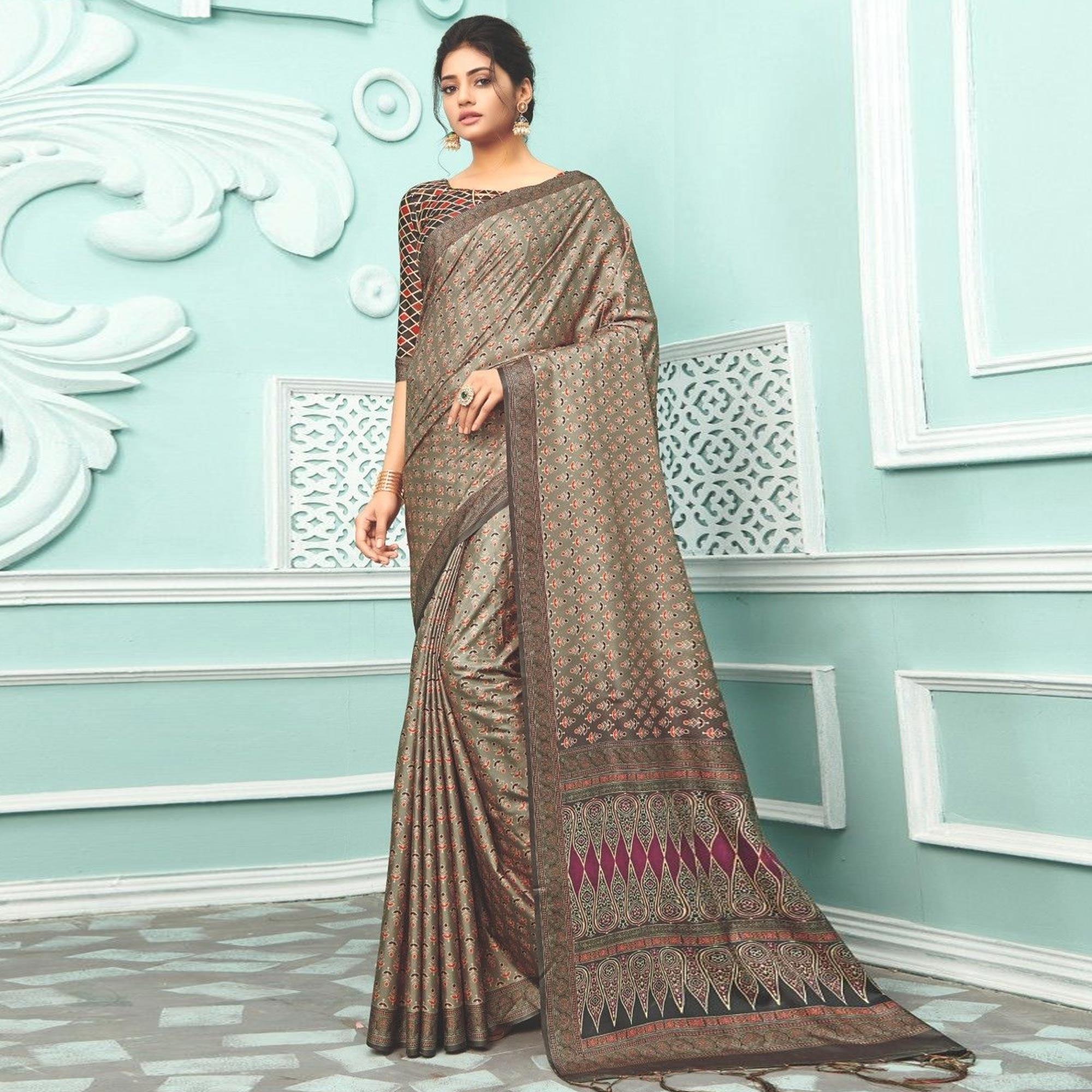 Peachmode Brown Party Wear Satin Printed Saree With Unstitched Blouse