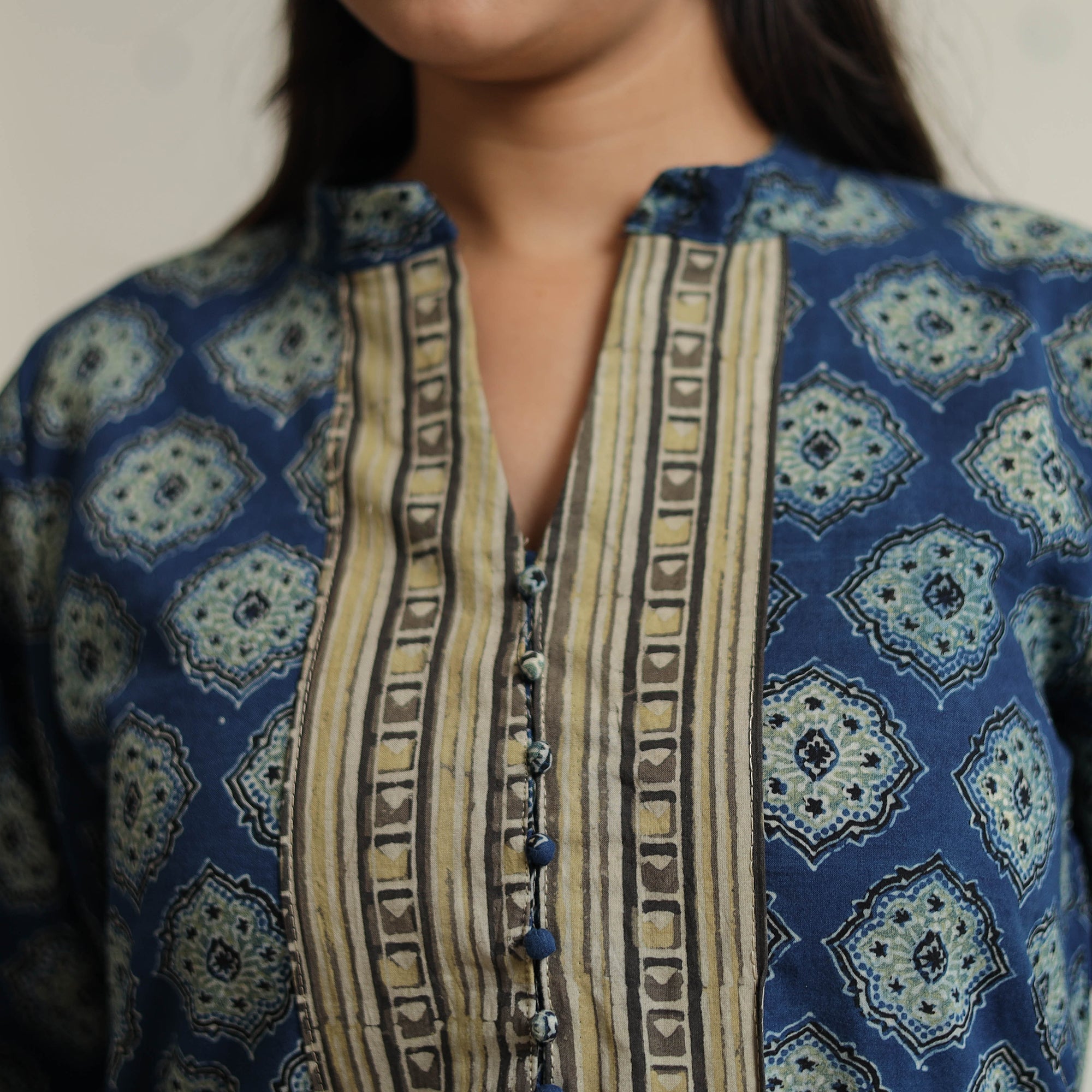 ITOKRI CASUALS Blue - Ajrakh Block Printed Cotton Straight Kurta with Patch 46 - view 5