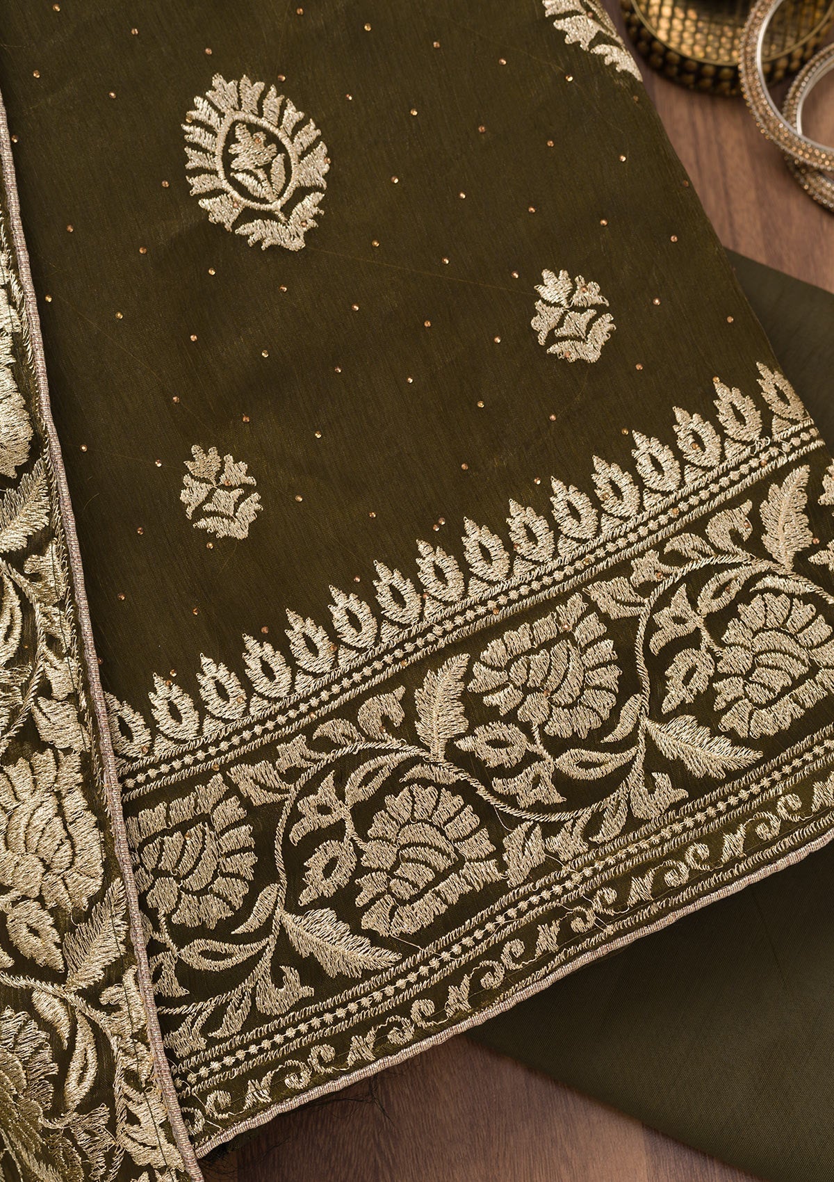 Koskii Mehendi Zariwork Semi Crepe Unstitched Salwar Suit - view 2