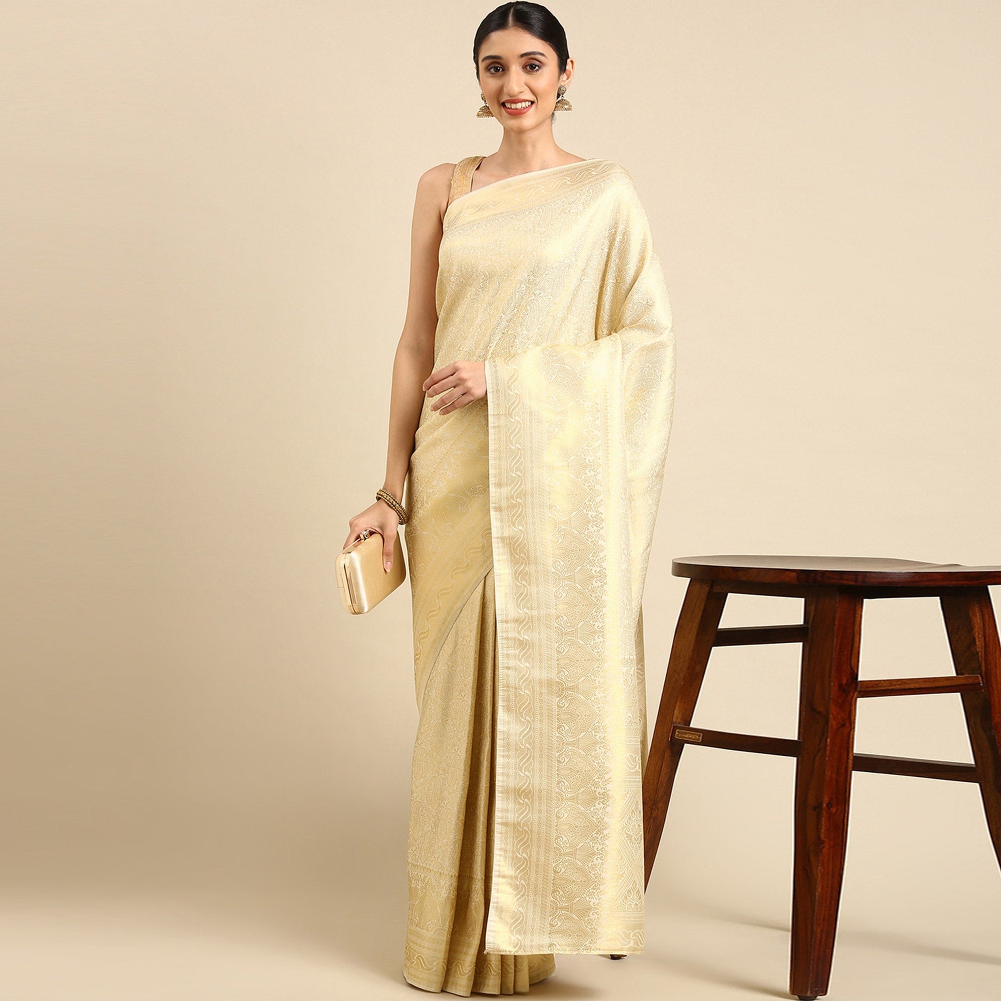 Peachmode Cream Woven Kanjivaram Silk Saree – Women's - view 2