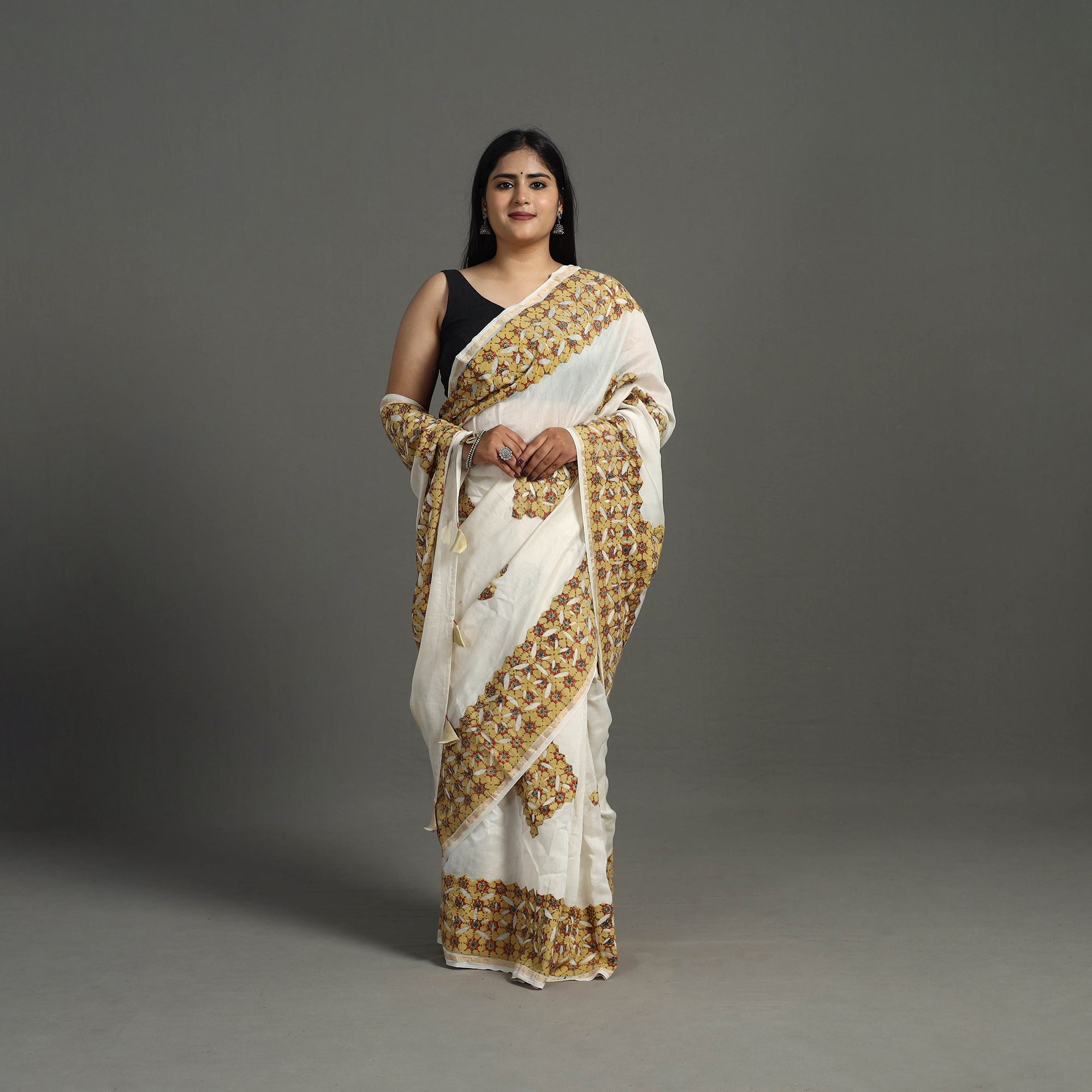 SHADES OF MARUDHARA Brown - Barmer Applique Work Chanderi Silk Saree with Tassels