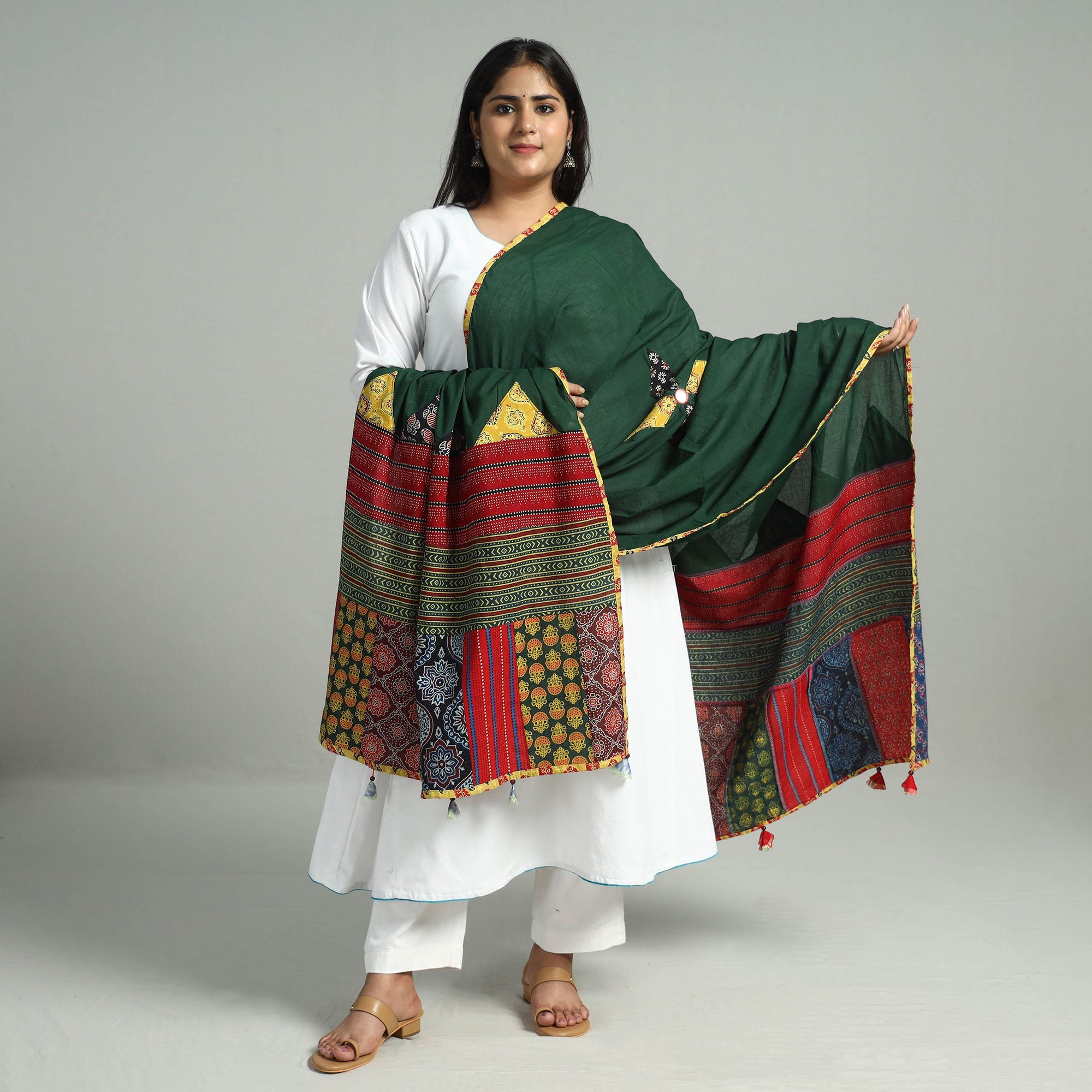 SHADES OF MARUDHARA Applique Patchwork Cotton Ajrakh Dupatta with Mirror Work 10