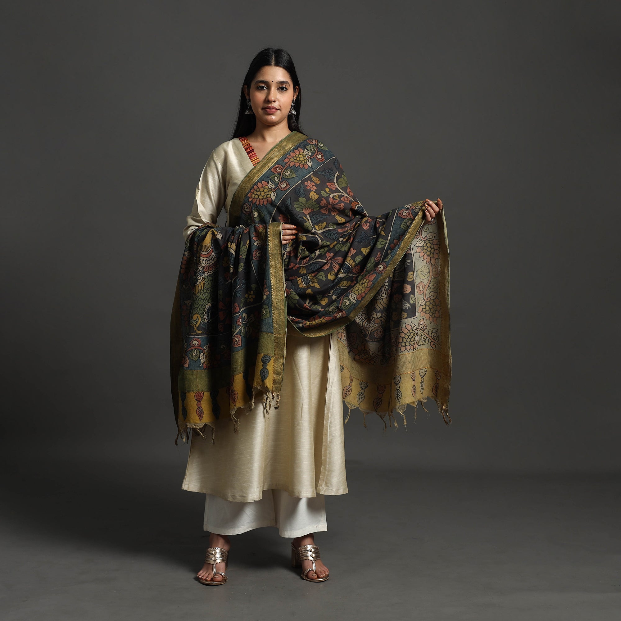 SOUTH KARGHA Black - Mangalagiri Cotton Handpainted Pen Work Kalamkari Dupatta 10
