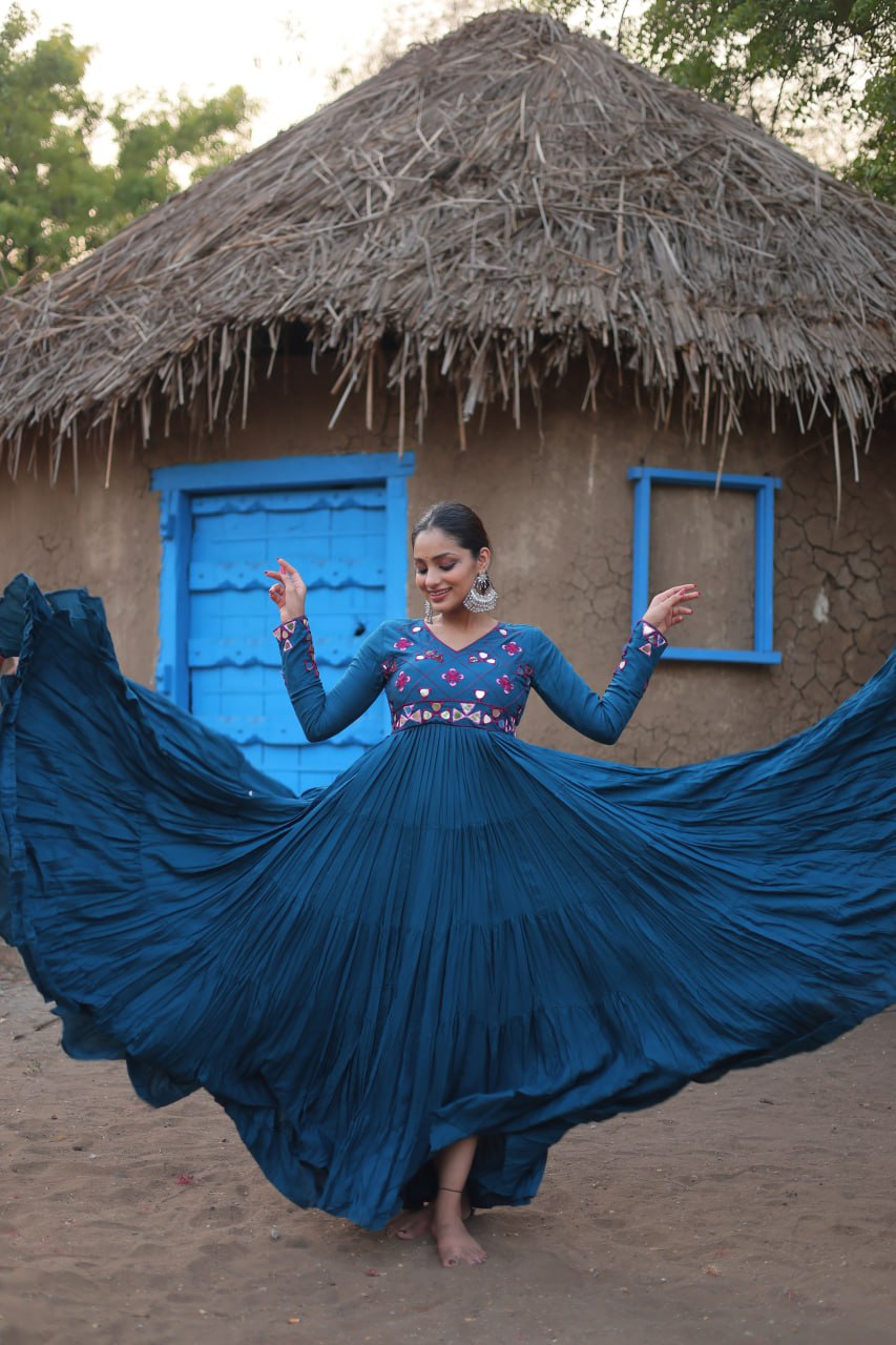 ClothsVilla Teal Blue Rayon Gown with Real Mirror Work