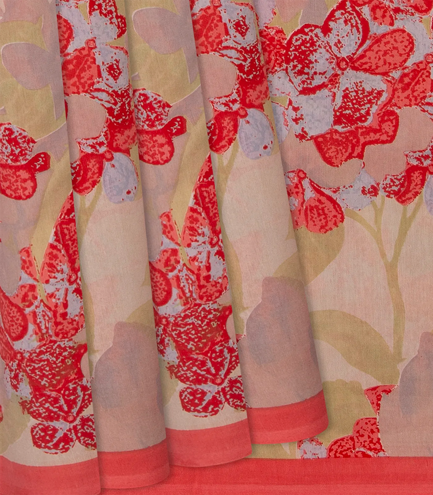RmKV Red Handloom Chanderi Cotton Saree With Printed Floral Vine Motifs-Red