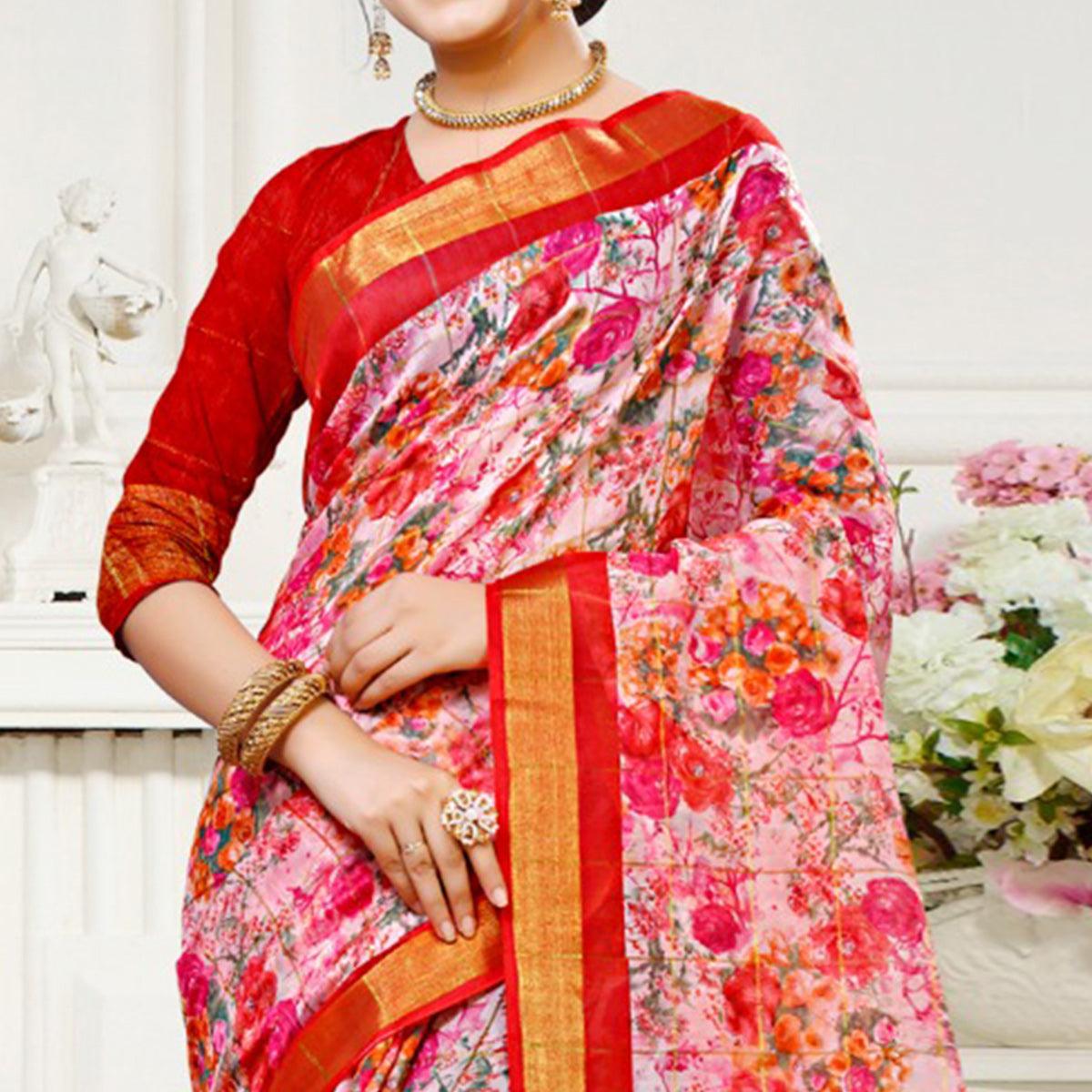 Peachmode Mesmerising Pink Colored Casual Floral Printed Cotton Saree - view 2