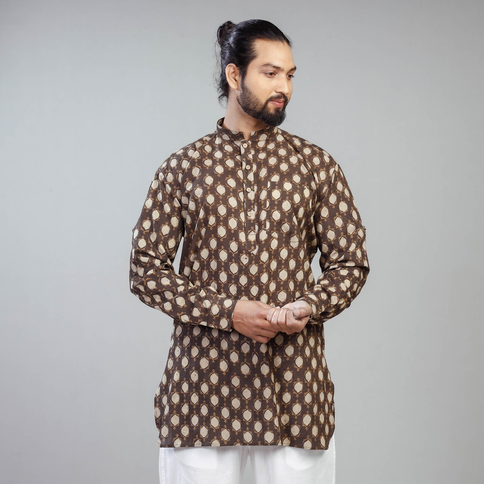 ITOKRI CASUALS Brown - Akola Block Printed Cotton Men Short Kurta