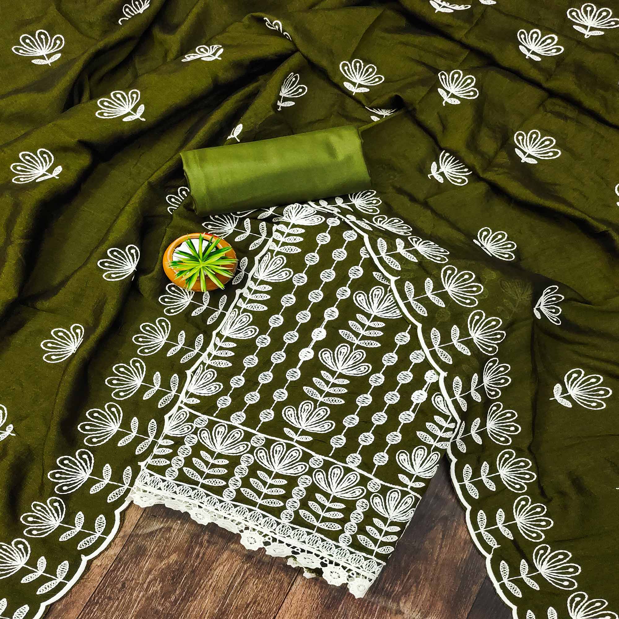 Peachmode Mehendi Green Floral Embroidered Vichitra Silk Dress Material