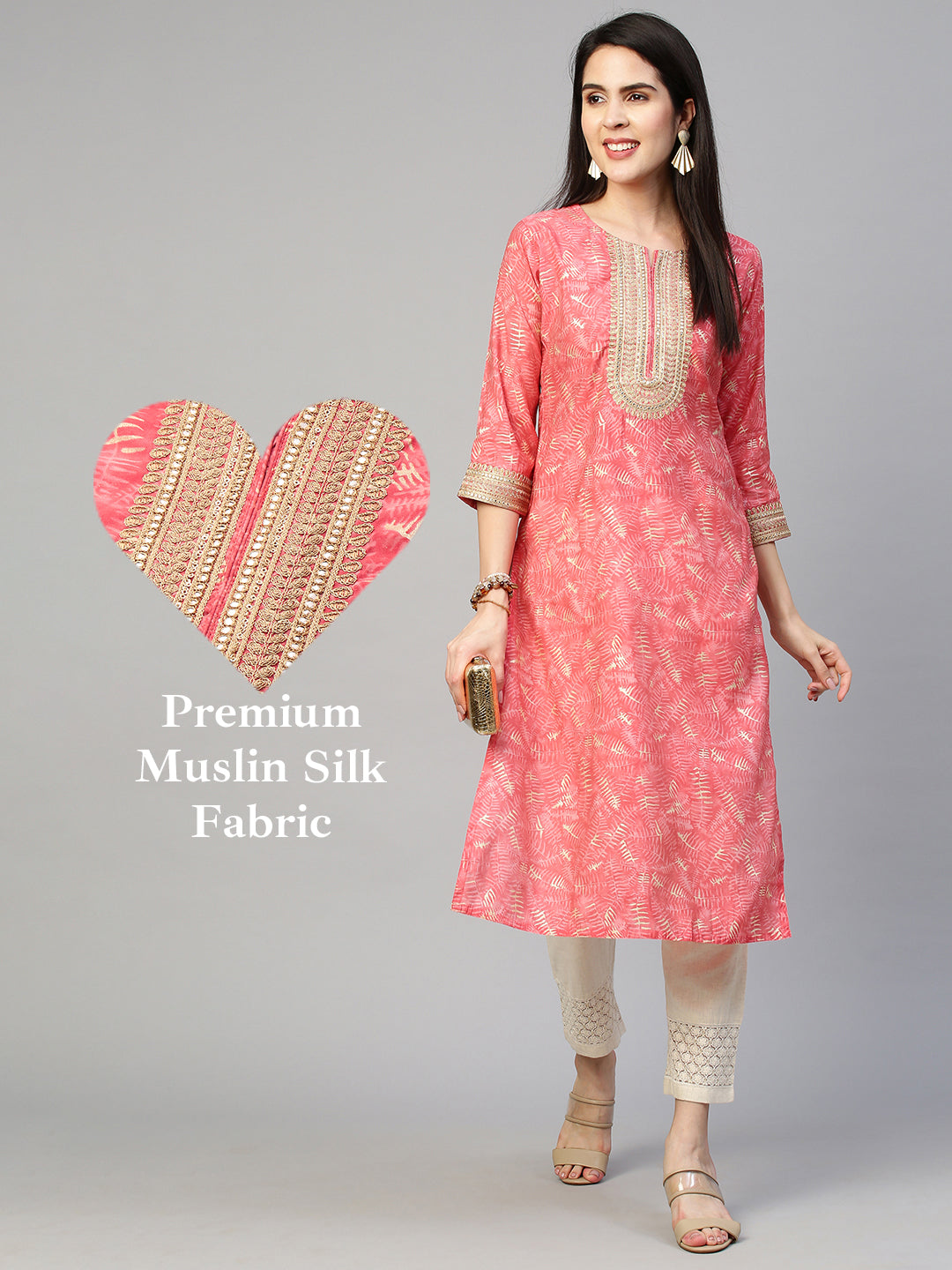 Printed embroidered kurta – Fashor Ethnic Printed & Embroidered Kurta - Peach