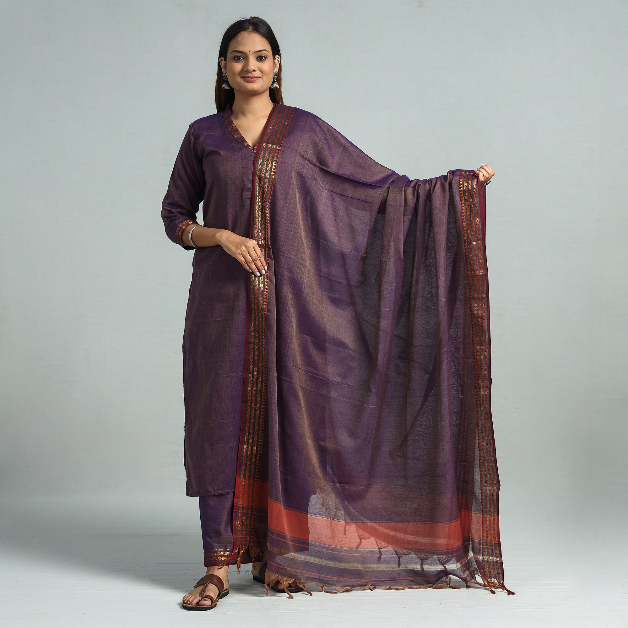ITOKRI CASUALS Purple - Dharwad Cotton Kurta with Palazzo & Dupatta Set