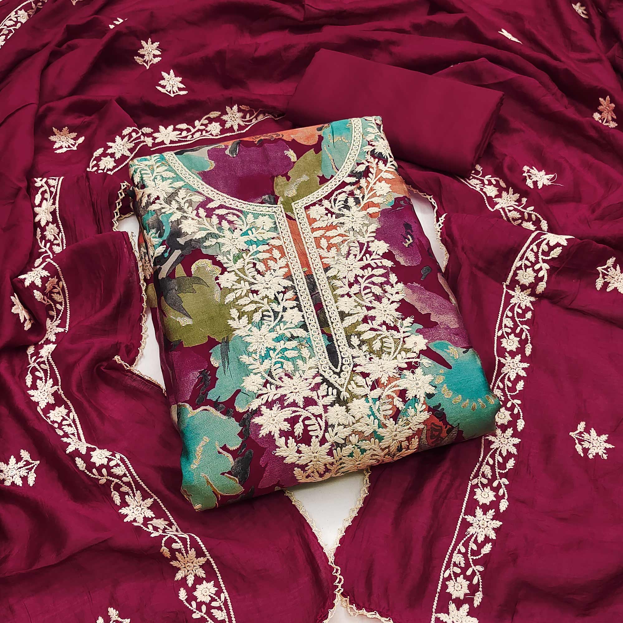 Peachmode Dark Magneta Floral Embroidery With Printed Cotton Silk Dress Material